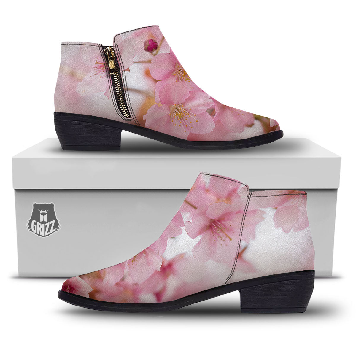 Cherry Blossom Pink Print Ankle Boots-grizzshop