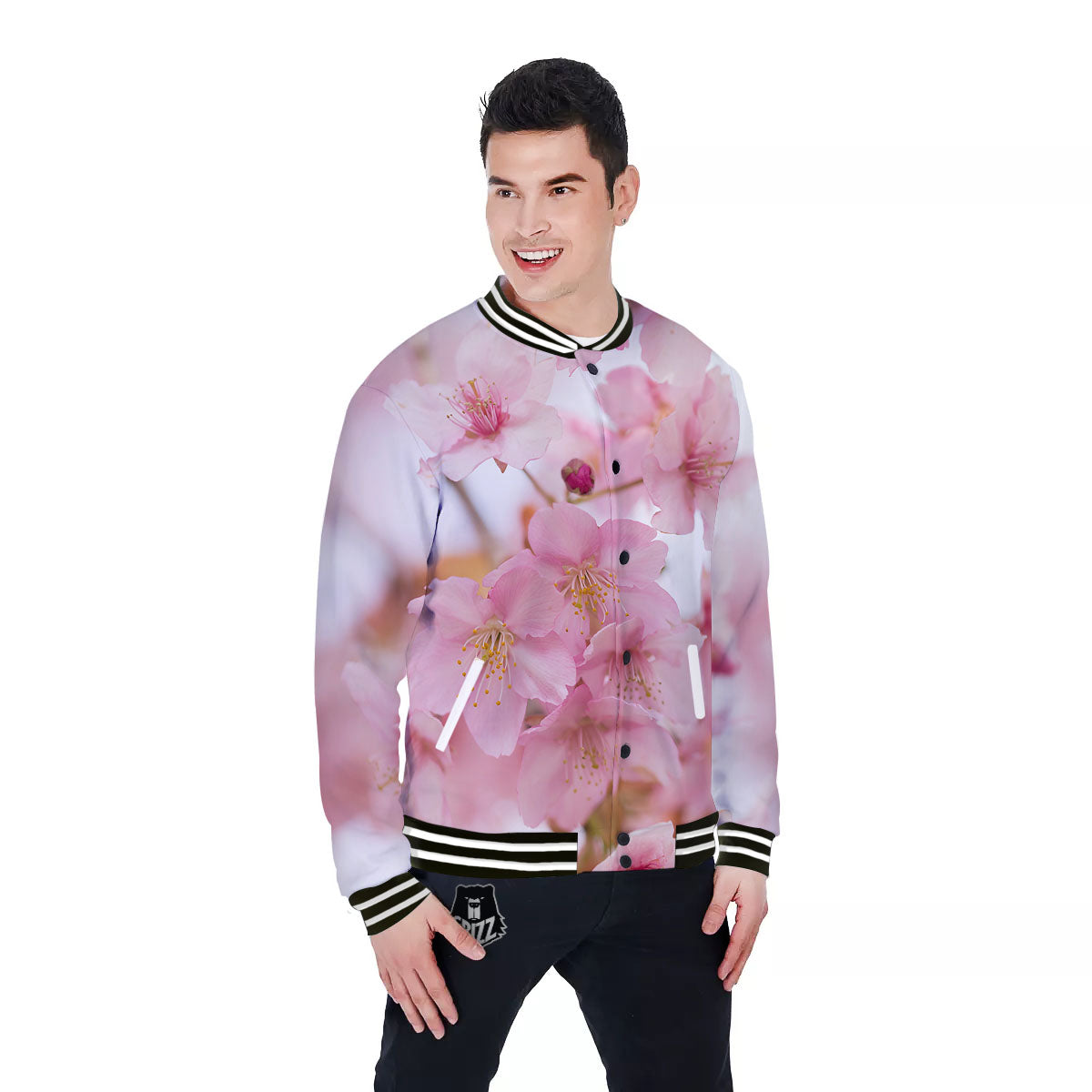 Cherry Blossom Pink Print Baseball Jacket-grizzshop