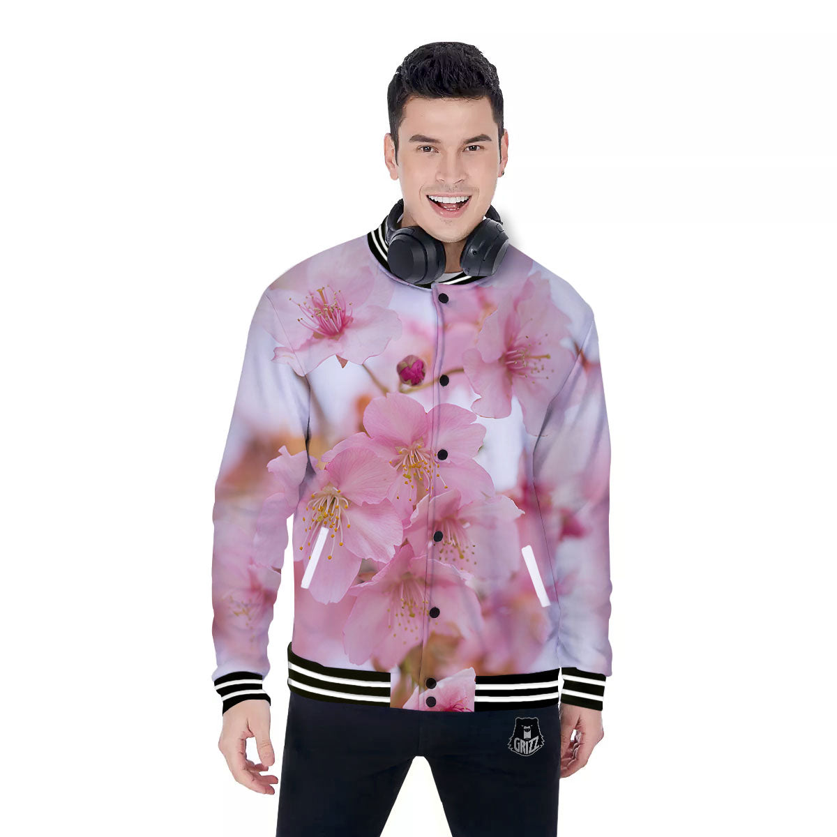 Cherry Blossom Pink Print Baseball Jacket-grizzshop