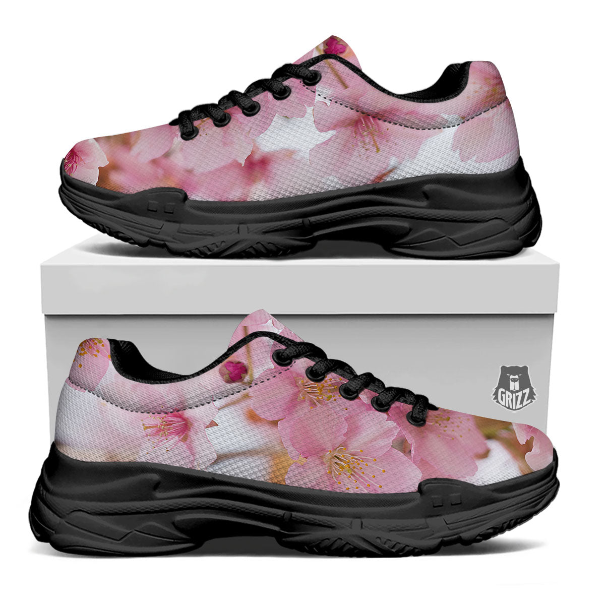 Cherry Blossom Pink Print Black Chunky Shoes-grizzshop