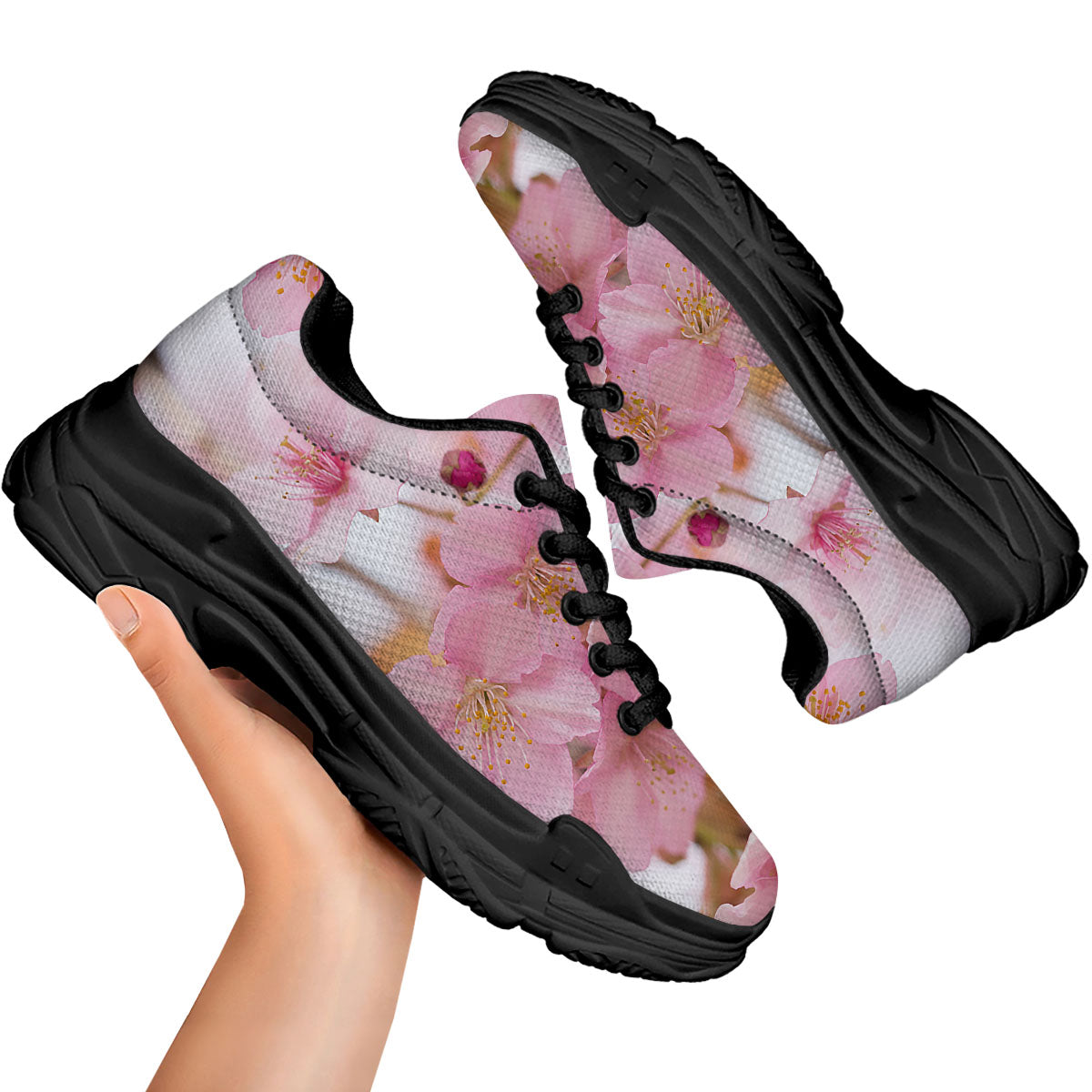 Cherry Blossom Pink Print Black Chunky Shoes-grizzshop