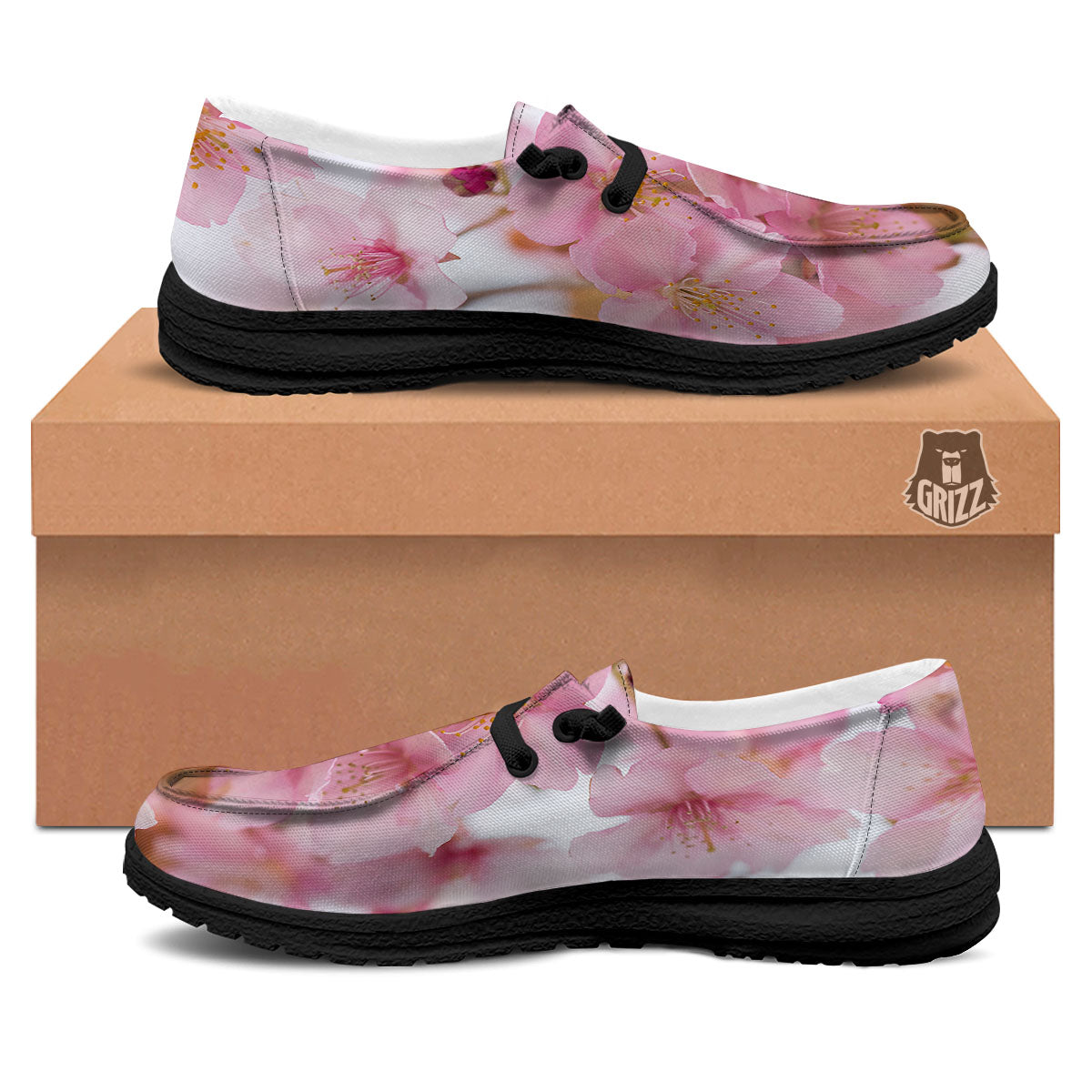 Cherry Blossom Pink Print Black Loafers-grizzshop