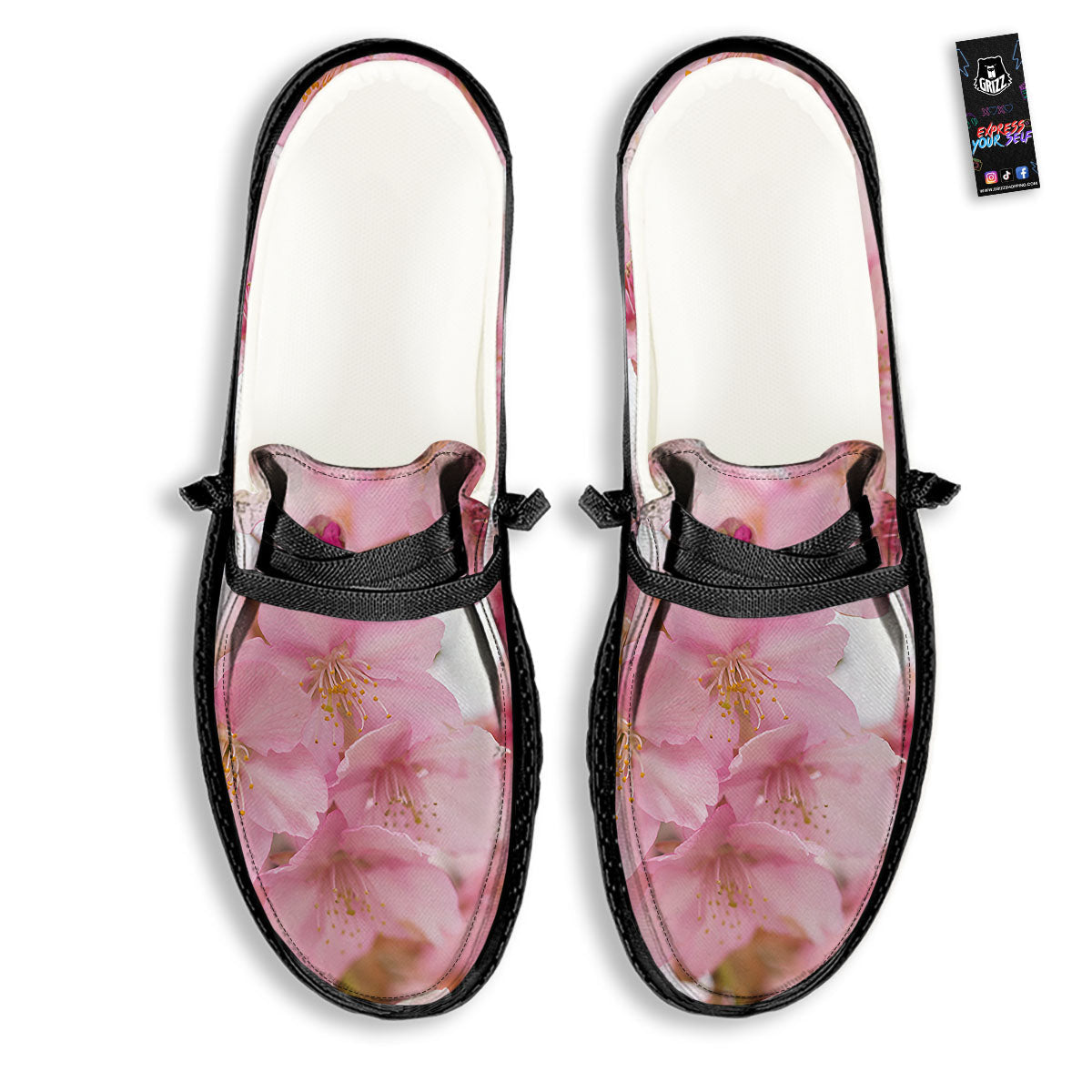 Cherry Blossom Pink Print Black Loafers-grizzshop
