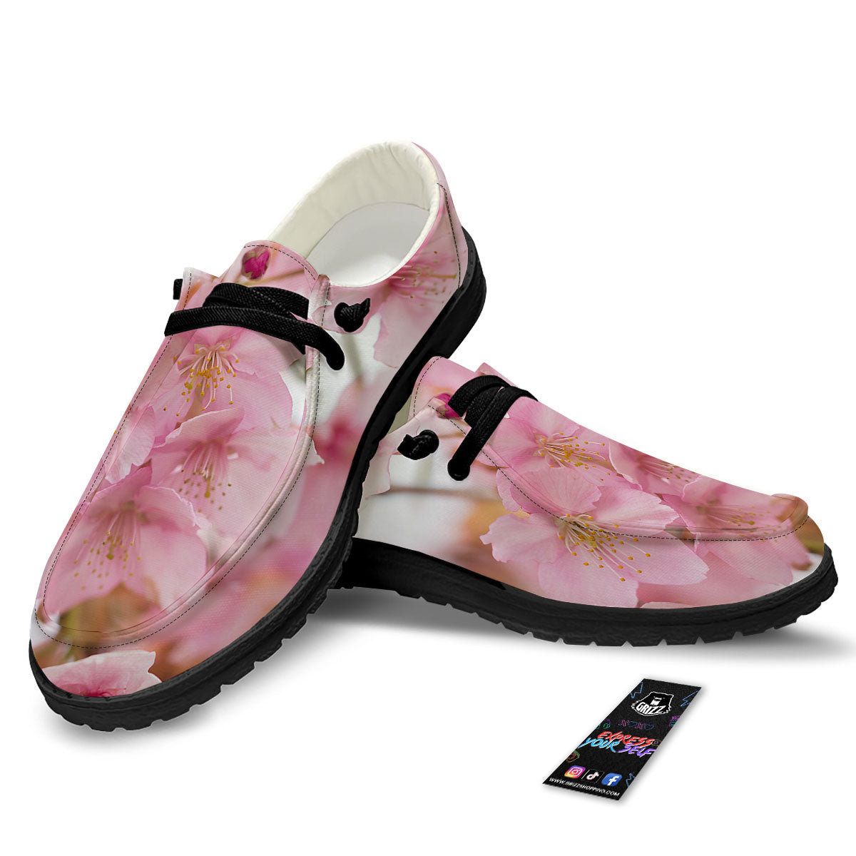 Cherry Blossom Pink Print Black Loafers-grizzshop
