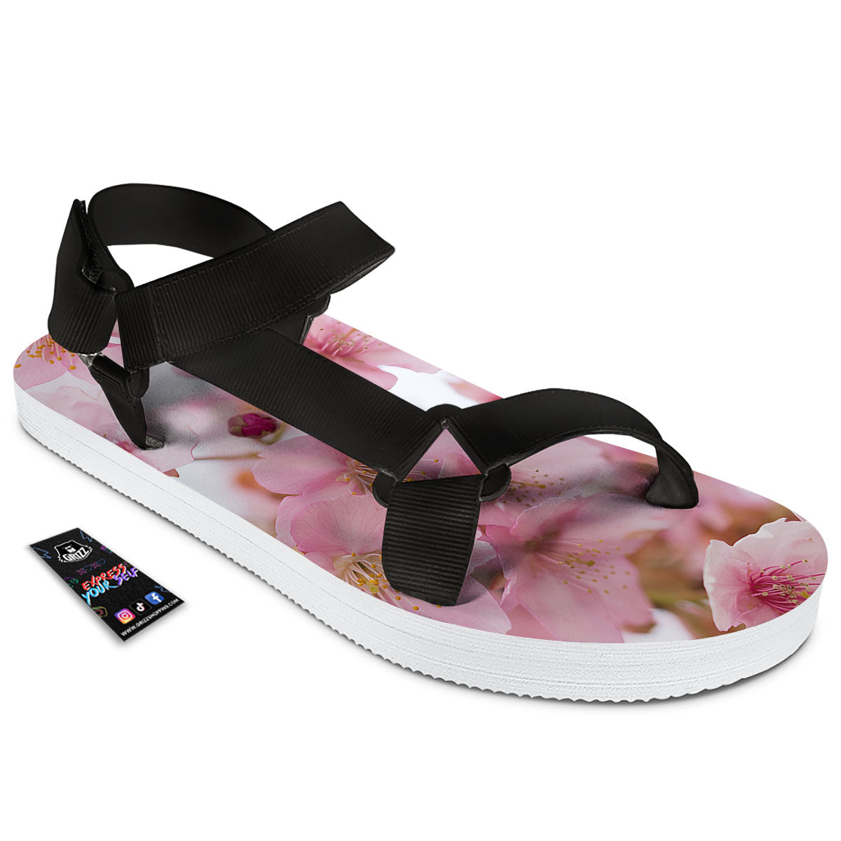 Cherry Blossom Pink Print Black Open Toe Sandals-grizzshop