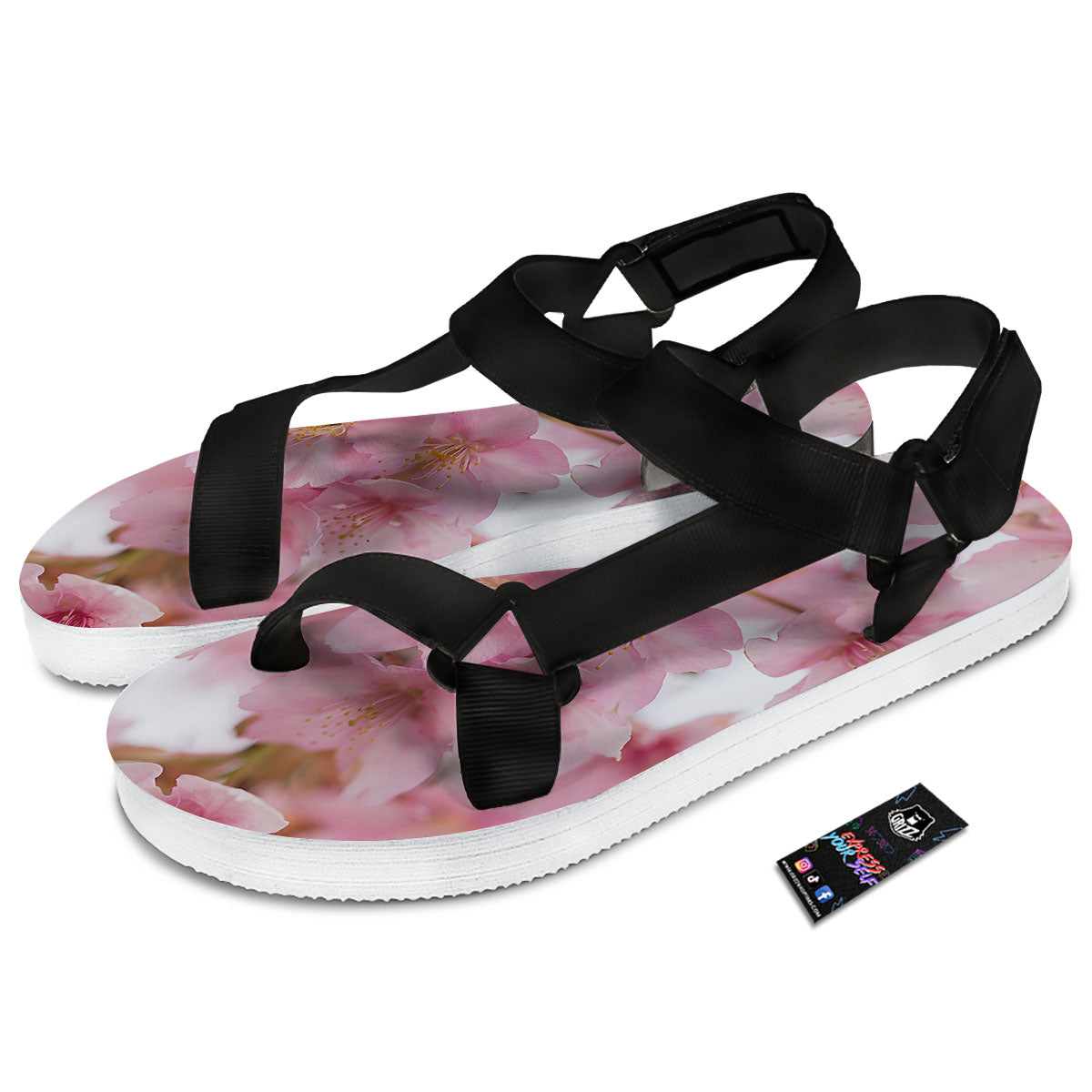 Cherry Blossom Pink Print Black Open Toe Sandals-grizzshop