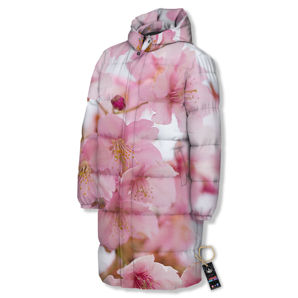 Cherry Blossom Pink Print Long Down Jacket-grizzshop