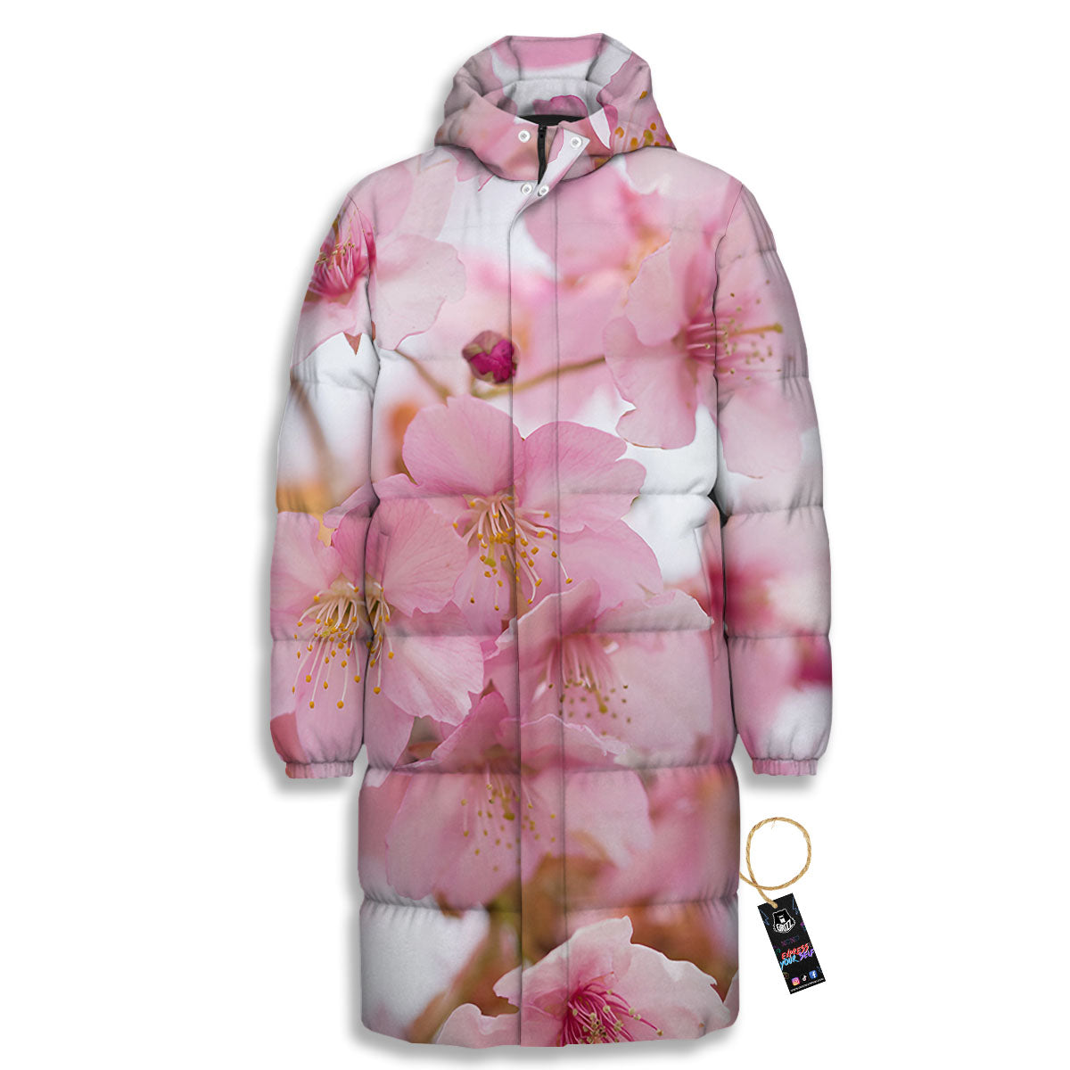 Cherry Blossom Pink Print Long Down Jacket-grizzshop