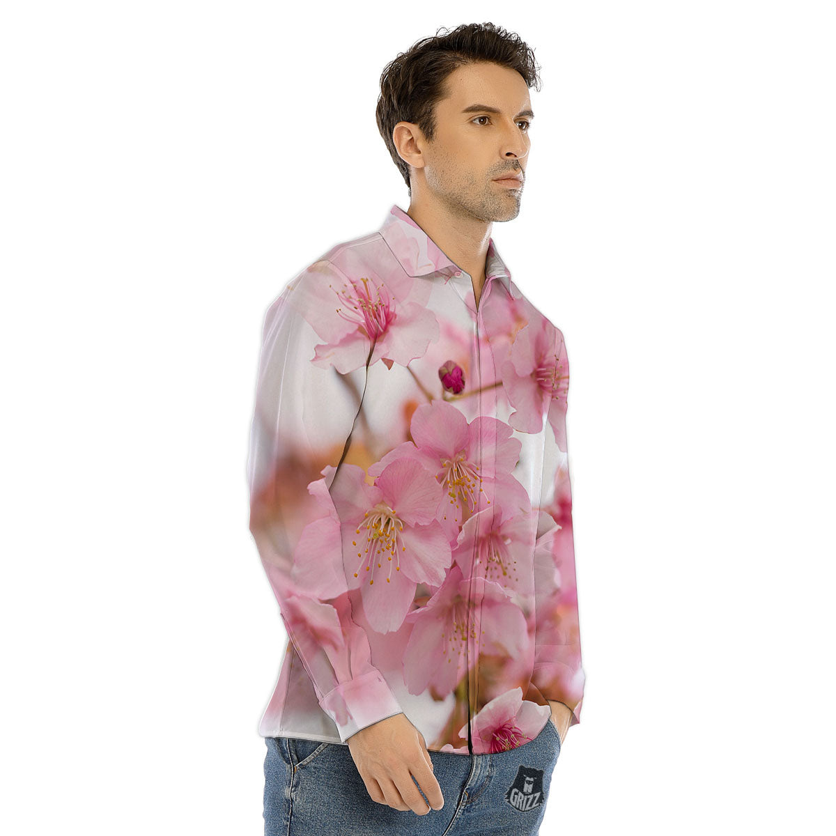 Cherry Blossom Pink Print Men's Dress Shirts-grizzshop