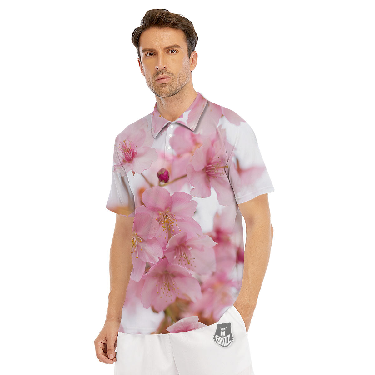 Cherry Blossom Pink Print Men's Golf Shirts-grizzshop