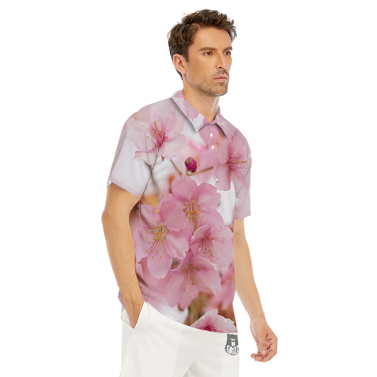Cherry Blossom Pink Print Men's Golf Shirts-grizzshop