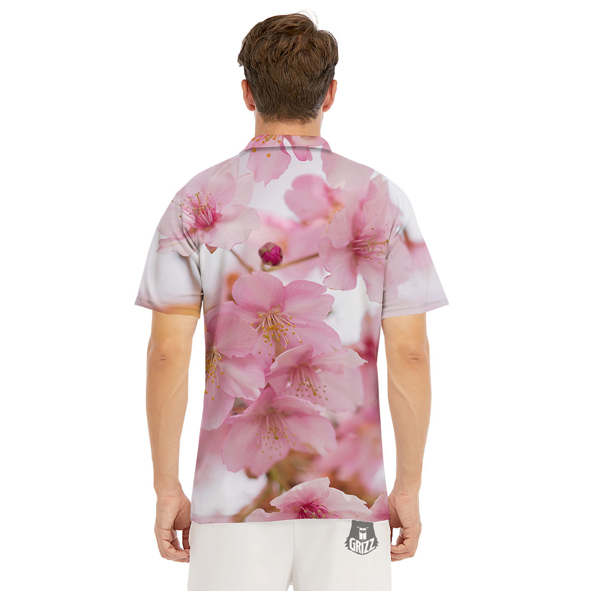 Cherry Blossom Pink Print Men's Golf Shirts-grizzshop