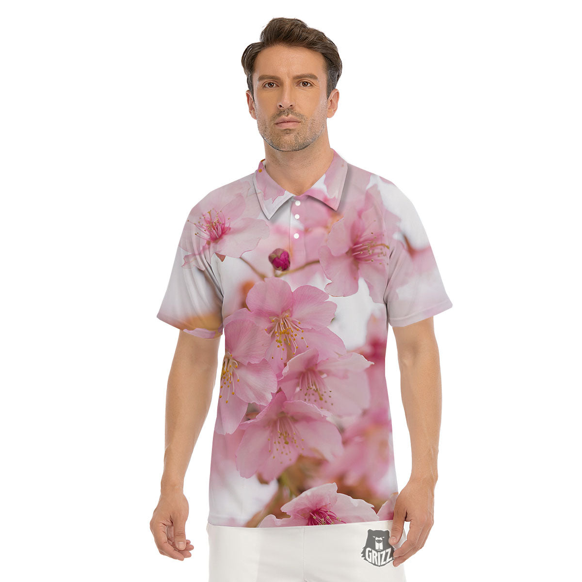 Cherry Blossom Pink Print Men's Golf Shirts-grizzshop