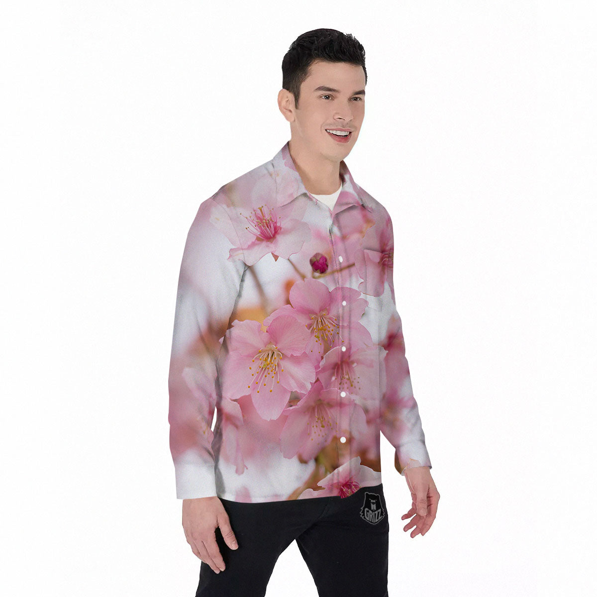 Cherry Blossom Pink Print Men's Long Sleeve Shirts-grizzshop