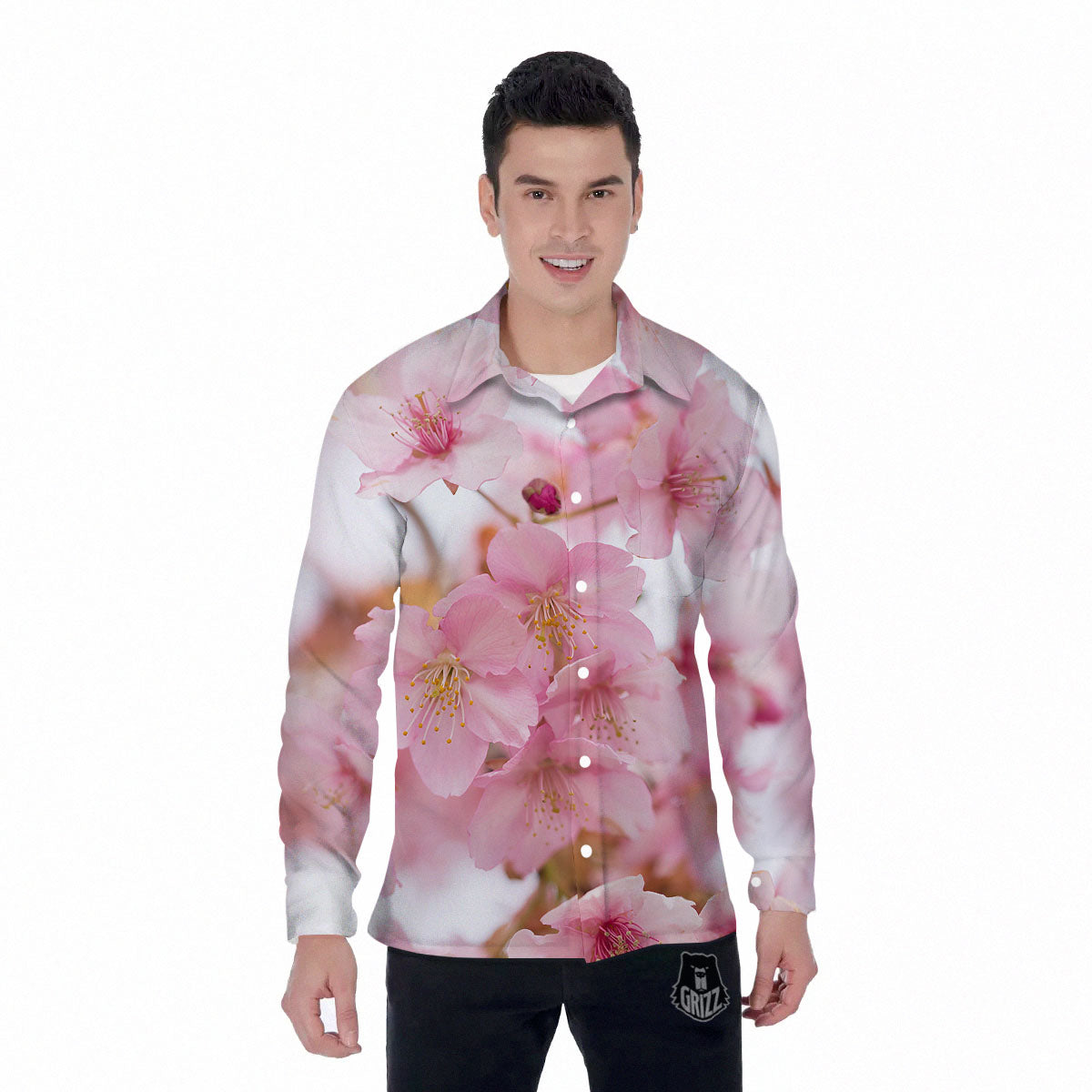 Cherry Blossom Pink Print Men's Long Sleeve Shirts-grizzshop