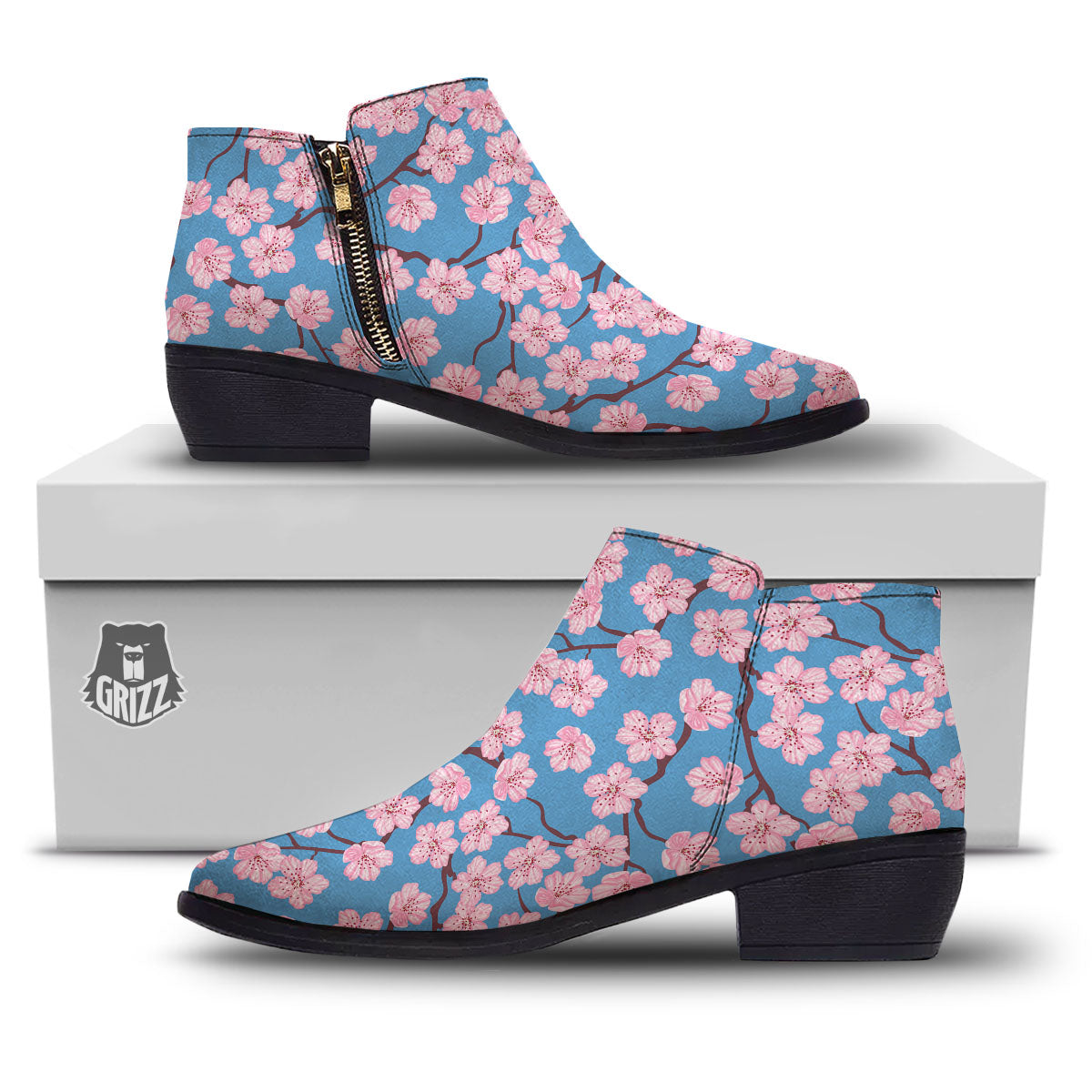 Cherry Blossom Pink Print Pattern Ankle Boots-grizzshop