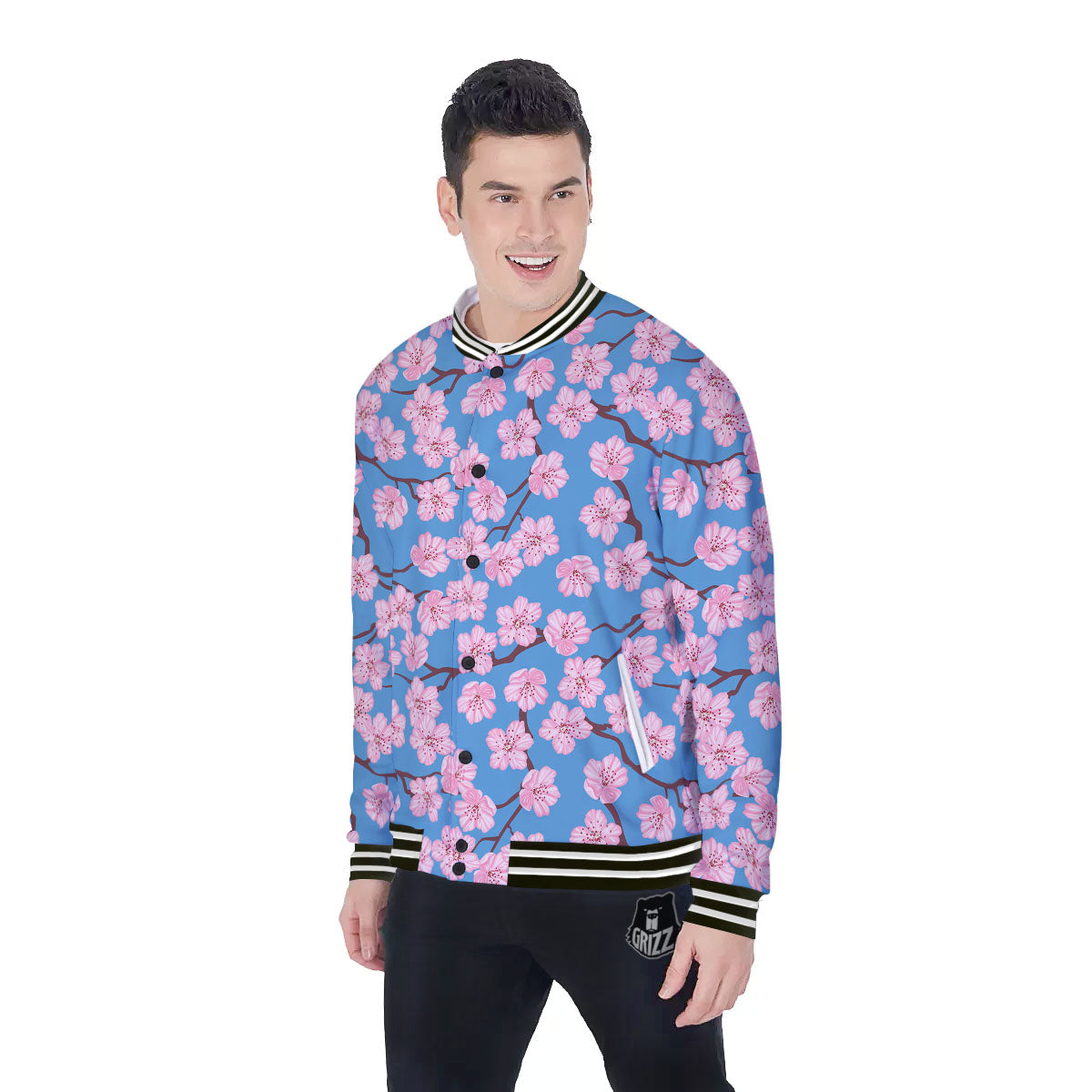 Cherry Blossom Pink Print Pattern Baseball Jacket-grizzshop