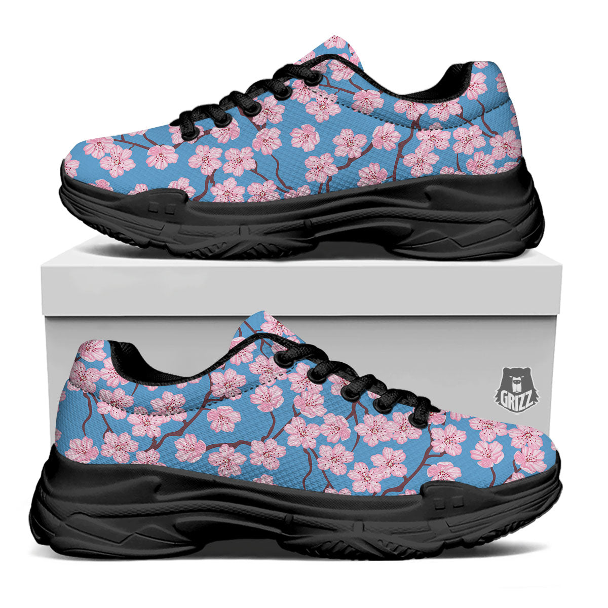 Cherry Blossom Pink Print Pattern Black Chunky Shoes-grizzshop