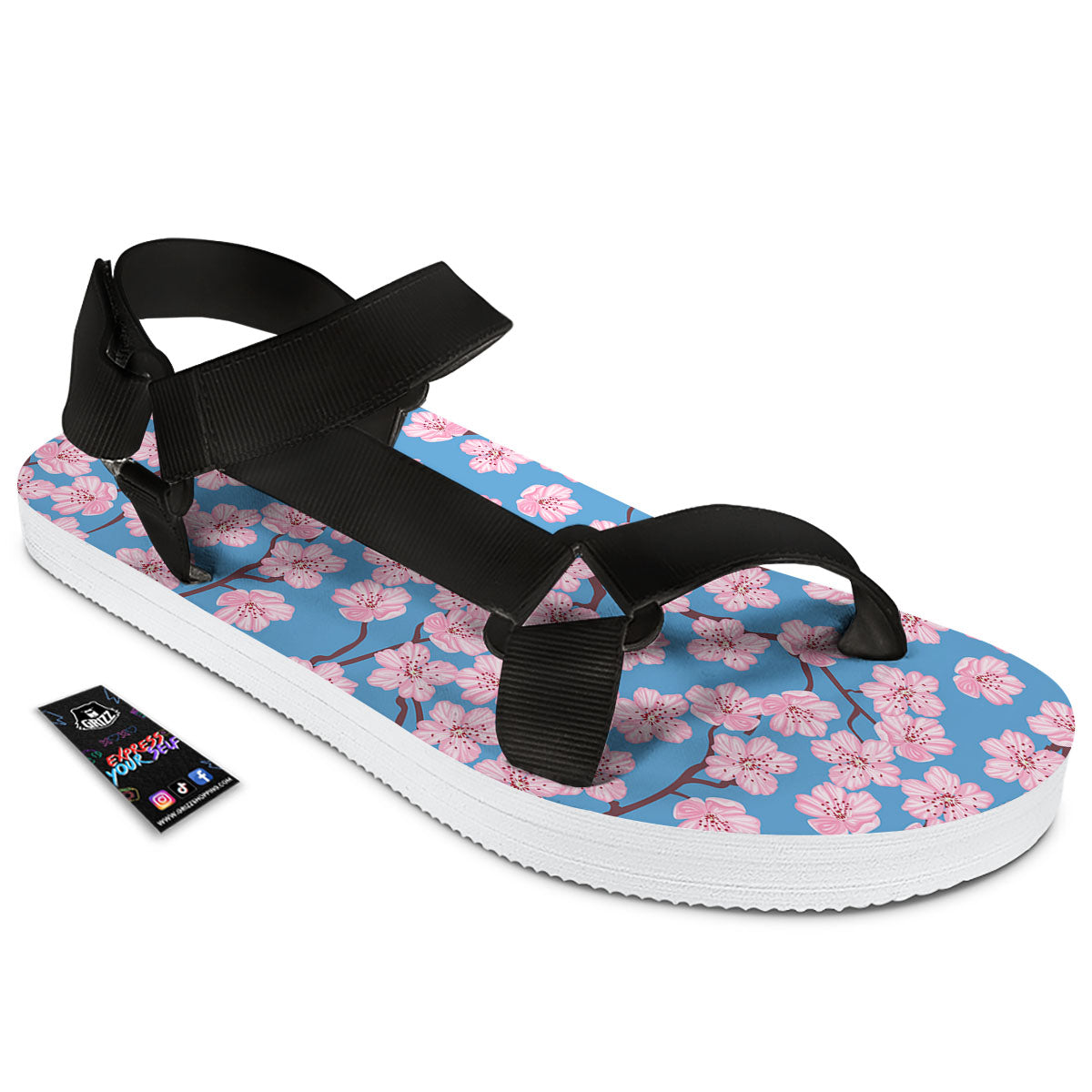 Cherry Blossom Pink Print Pattern Black Open Toe Sandals-grizzshop
