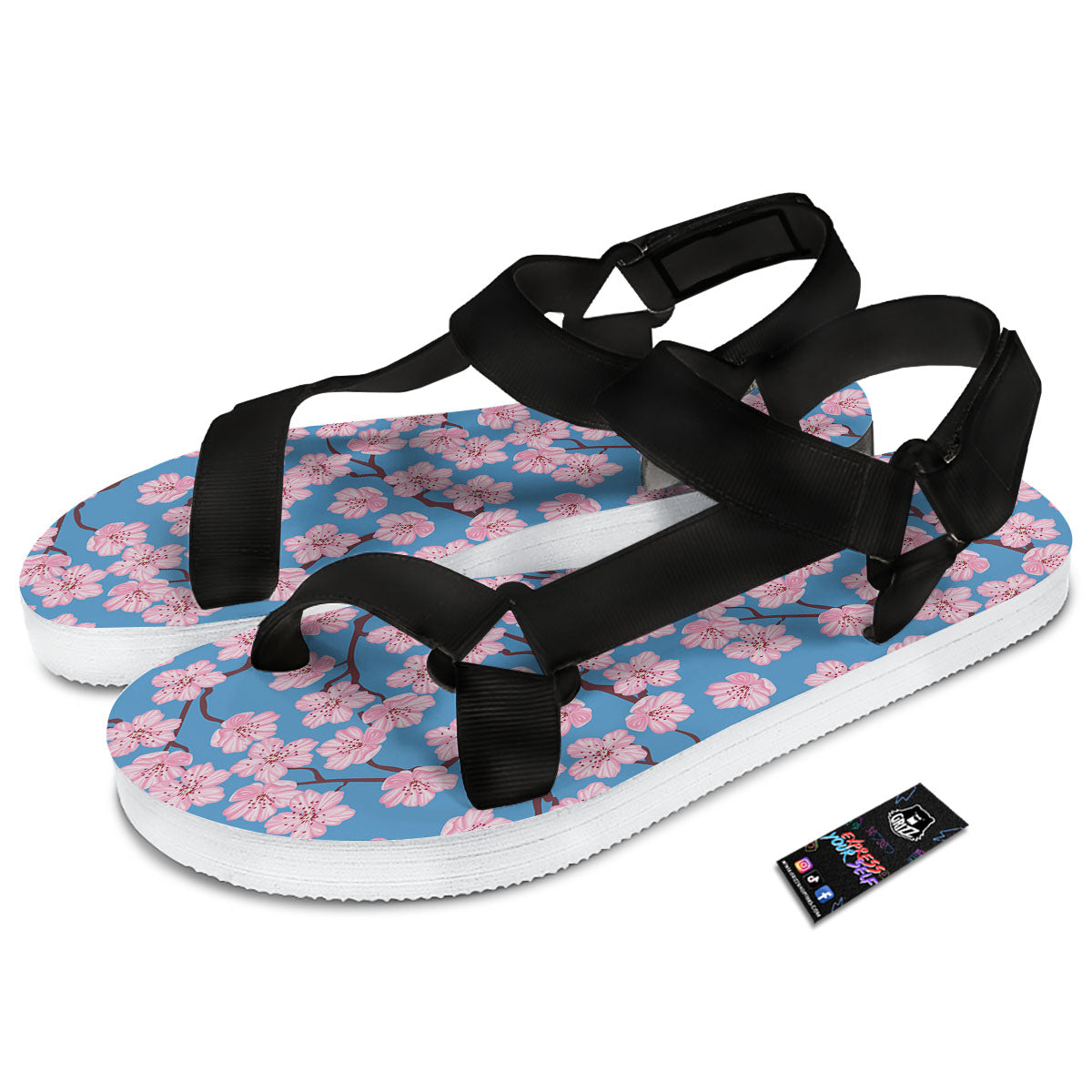 Cherry Blossom Pink Print Pattern Black Open Toe Sandals-grizzshop