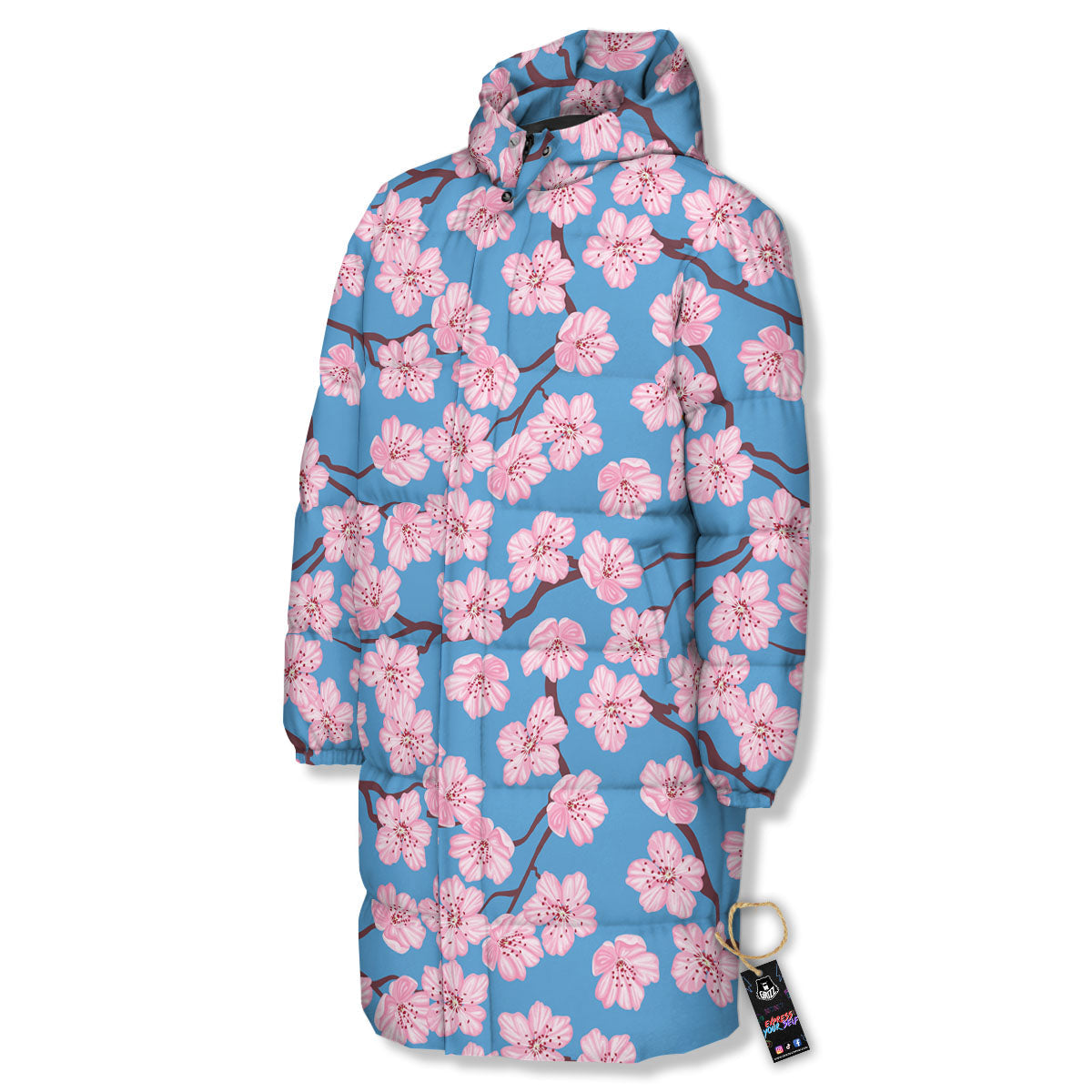 Cherry Blossom Pink Print Pattern Long Down Jacket-grizzshop