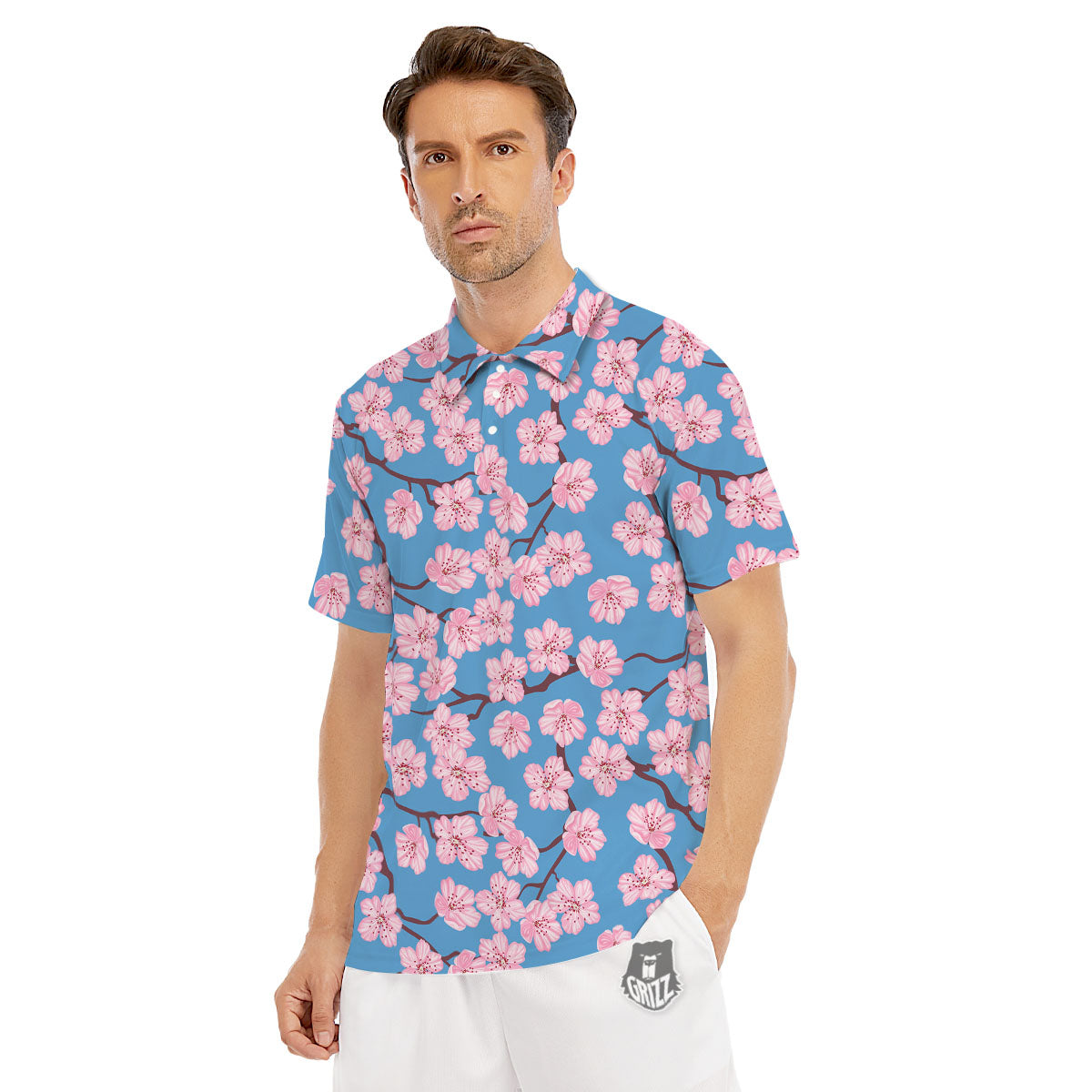 Cherry Blossom Pink Print Pattern Men's Golf Shirts-grizzshop