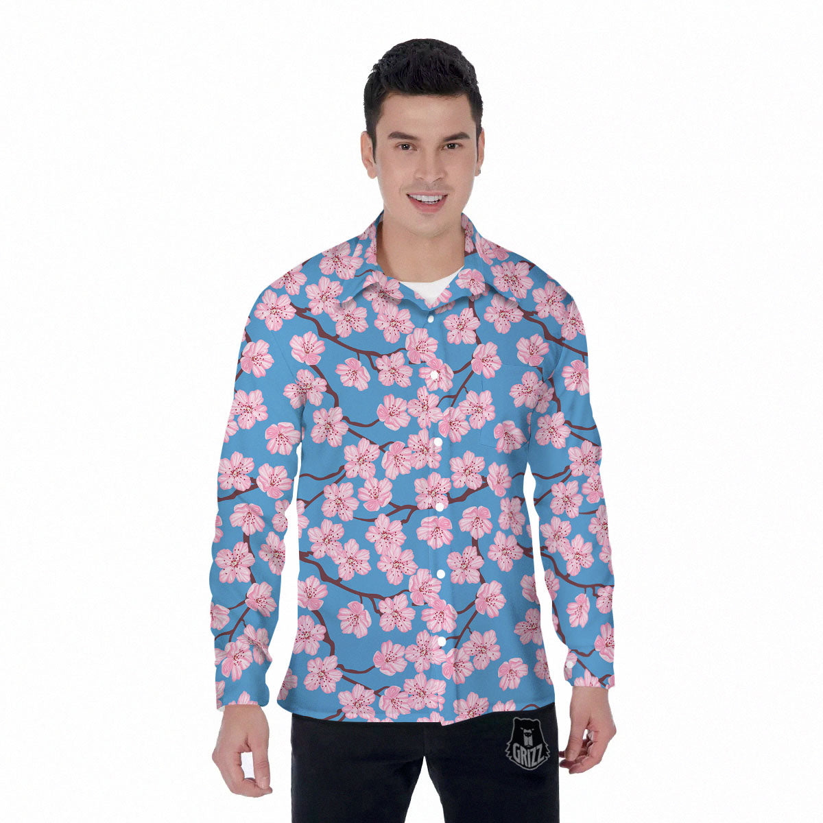 Cherry Blossom Pink Print Pattern Men's Long Sleeve Shirts-grizzshop
