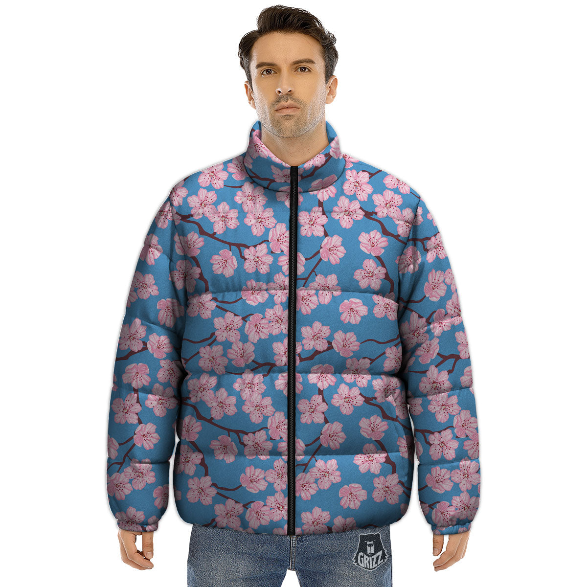 Cherry Blossom Pink Print Pattern Puffer Jacket-grizzshop