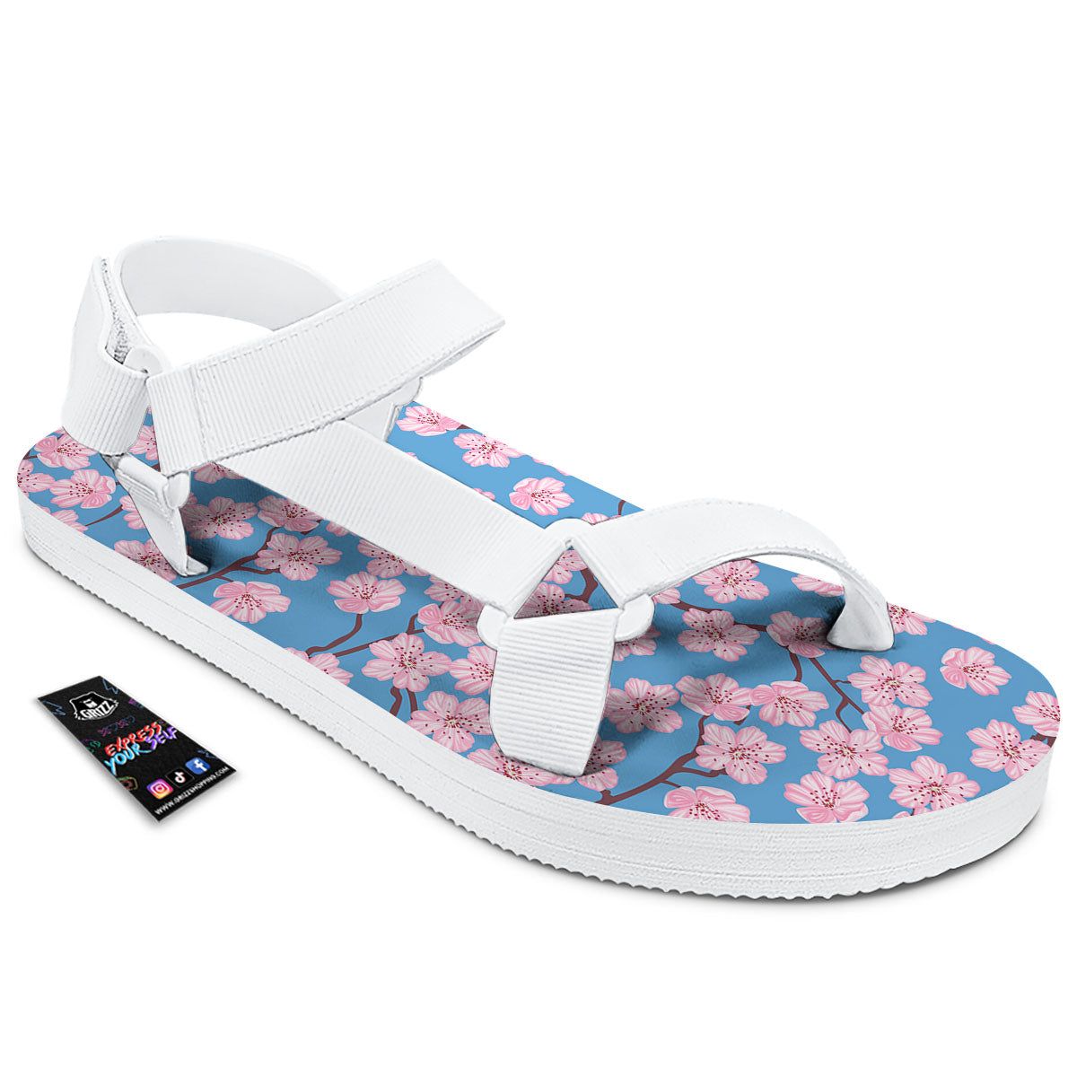 Cherry Blossom Pink Print Pattern White Open Toe Sandals-grizzshop