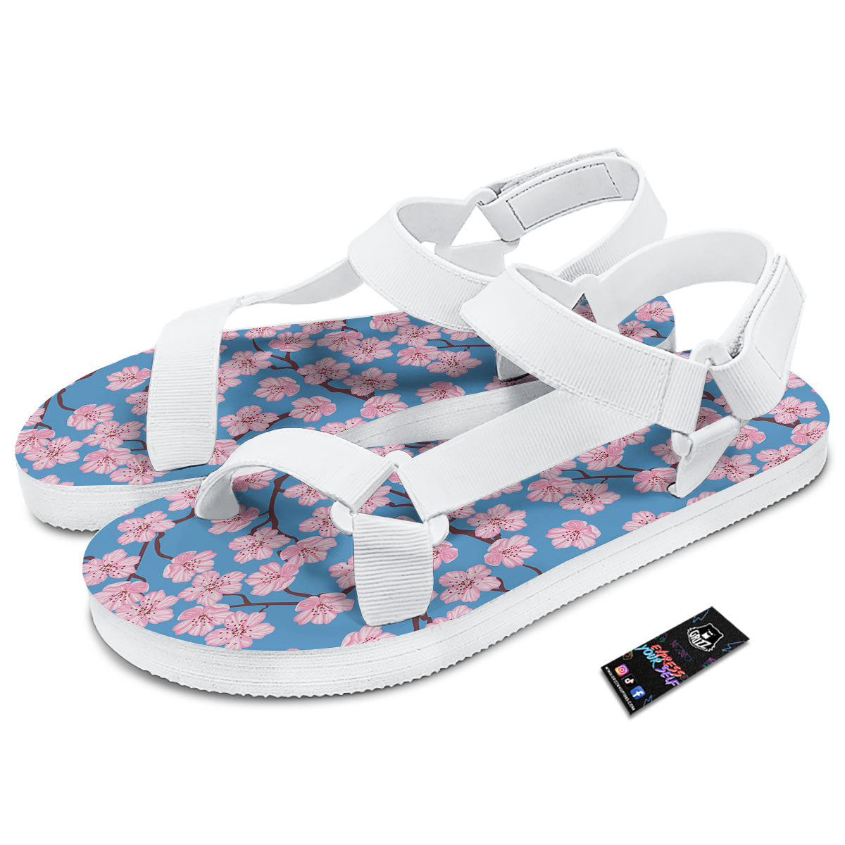 Cherry Blossom Pink Print Pattern White Open Toe Sandals-grizzshop