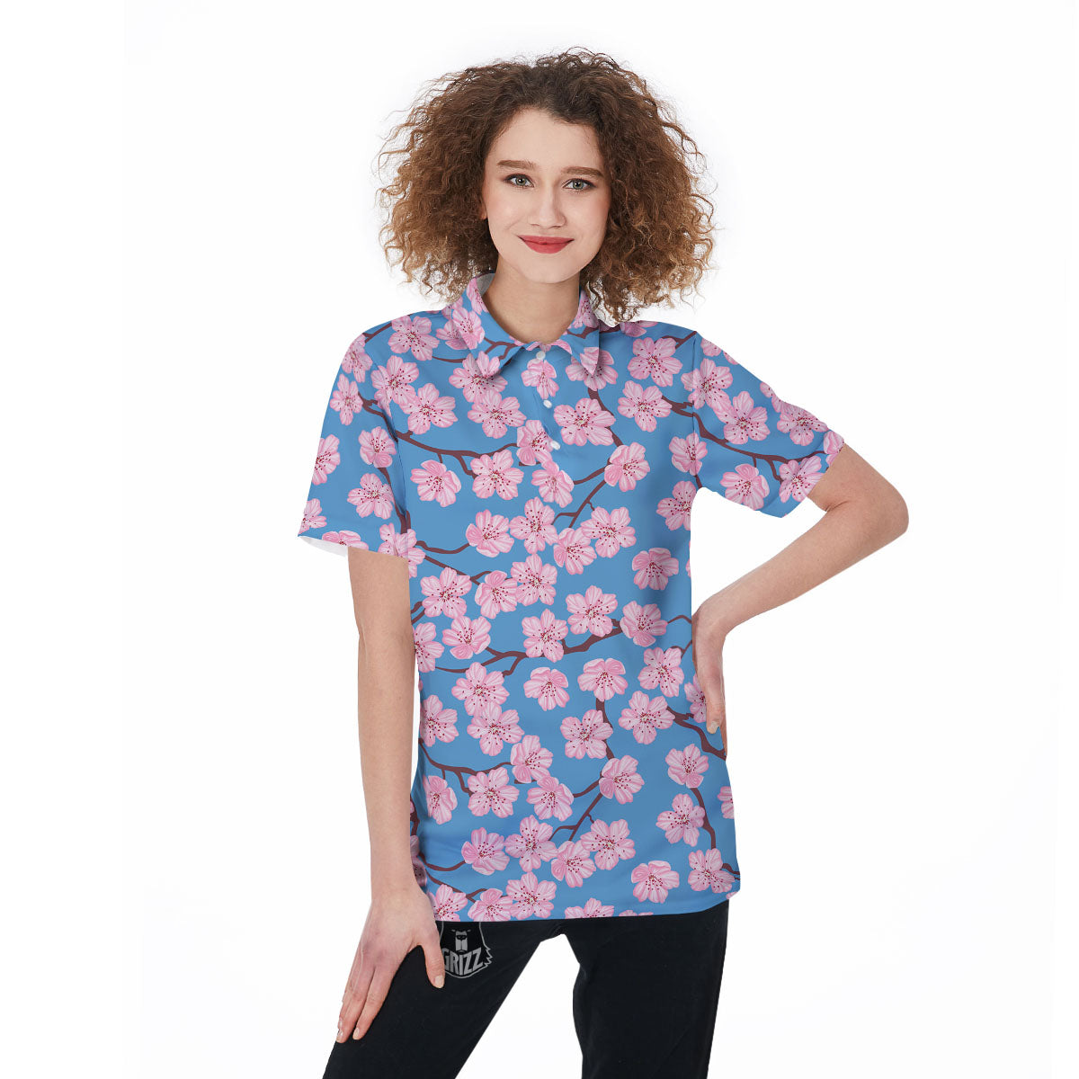 Cherry Blossom Pink Print Pattern Women's Golf Shirts-grizzshop