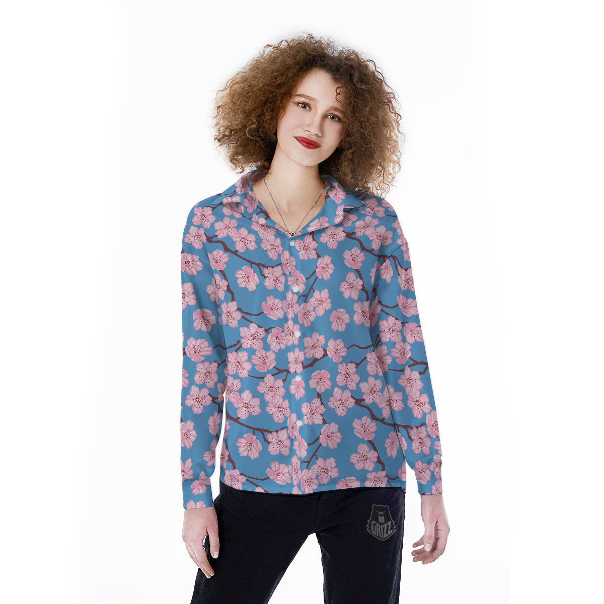 Cherry Blossom Pink Print Pattern Women's Long Sleeve Shirts-grizzshop