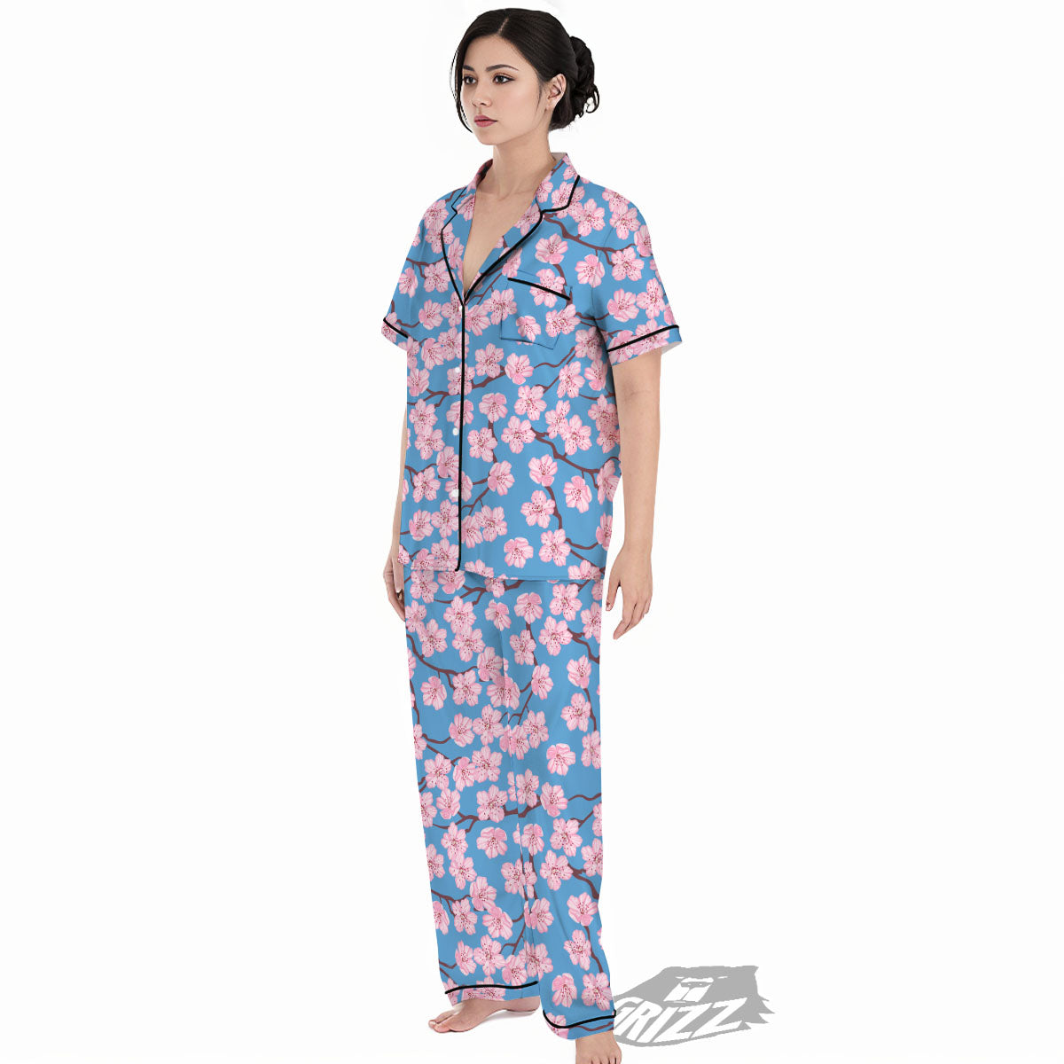 Cherry Blossom Pink Print Pattern Women's Pajamas Set-grizzshop