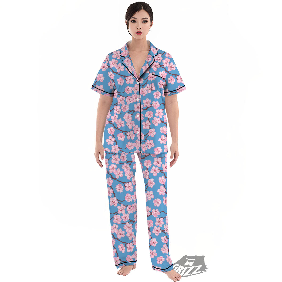Cherry Blossom Pink Print Pattern Women's Pajamas Set-grizzshop