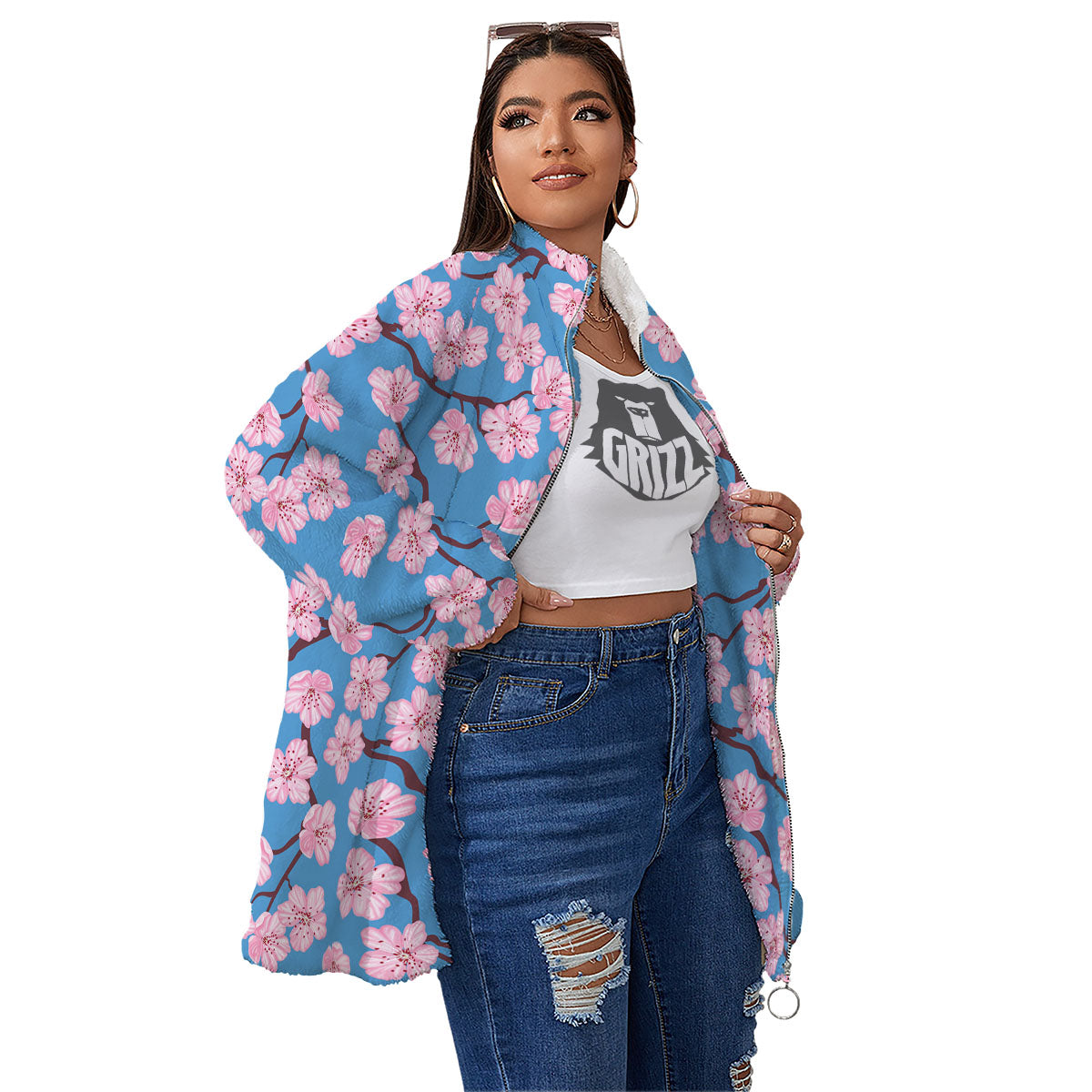 Cherry Blossom Pink Print Pattern Women's Sherpa Jacket-grizzshop