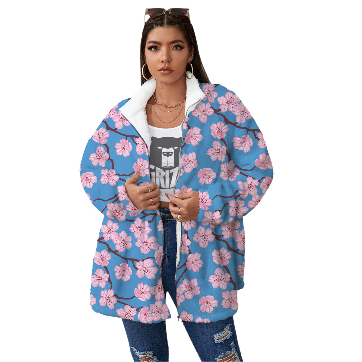 Cherry Blossom Pink Print Pattern Women's Sherpa Jacket-grizzshop