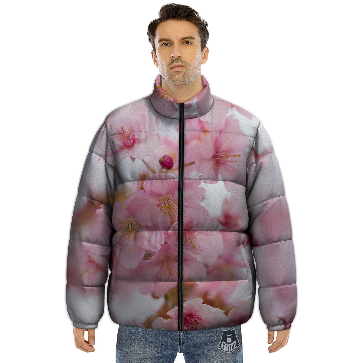 Cherry Blossom Pink Print Puffer Jacket-grizzshop