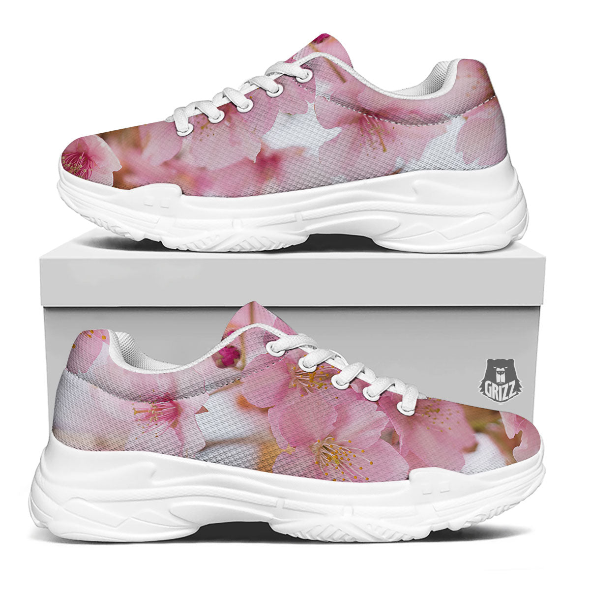 Cherry Blossom Pink Print White Chunky Shoes-grizzshop