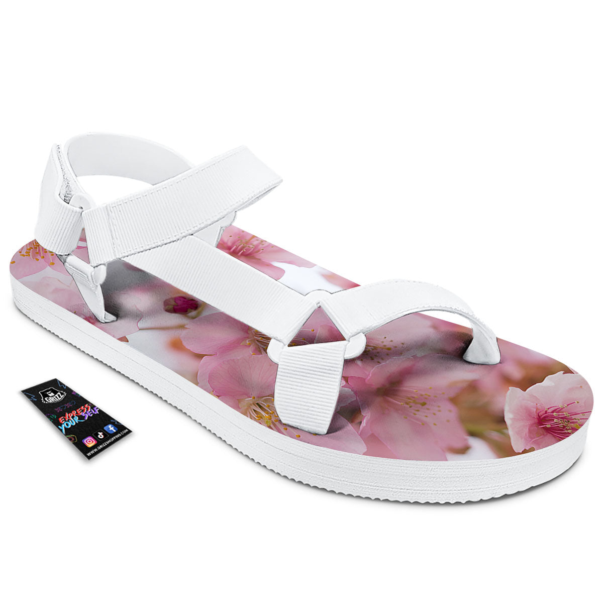 Cherry Blossom Pink Print White Open Toe Sandals-grizzshop