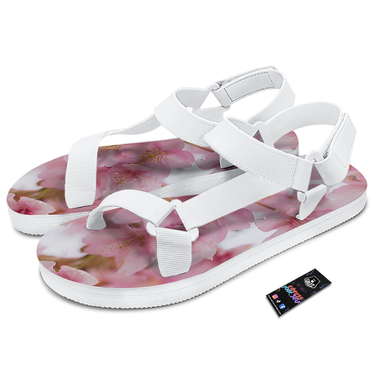 Cherry Blossom Pink Print White Open Toe Sandals-grizzshop