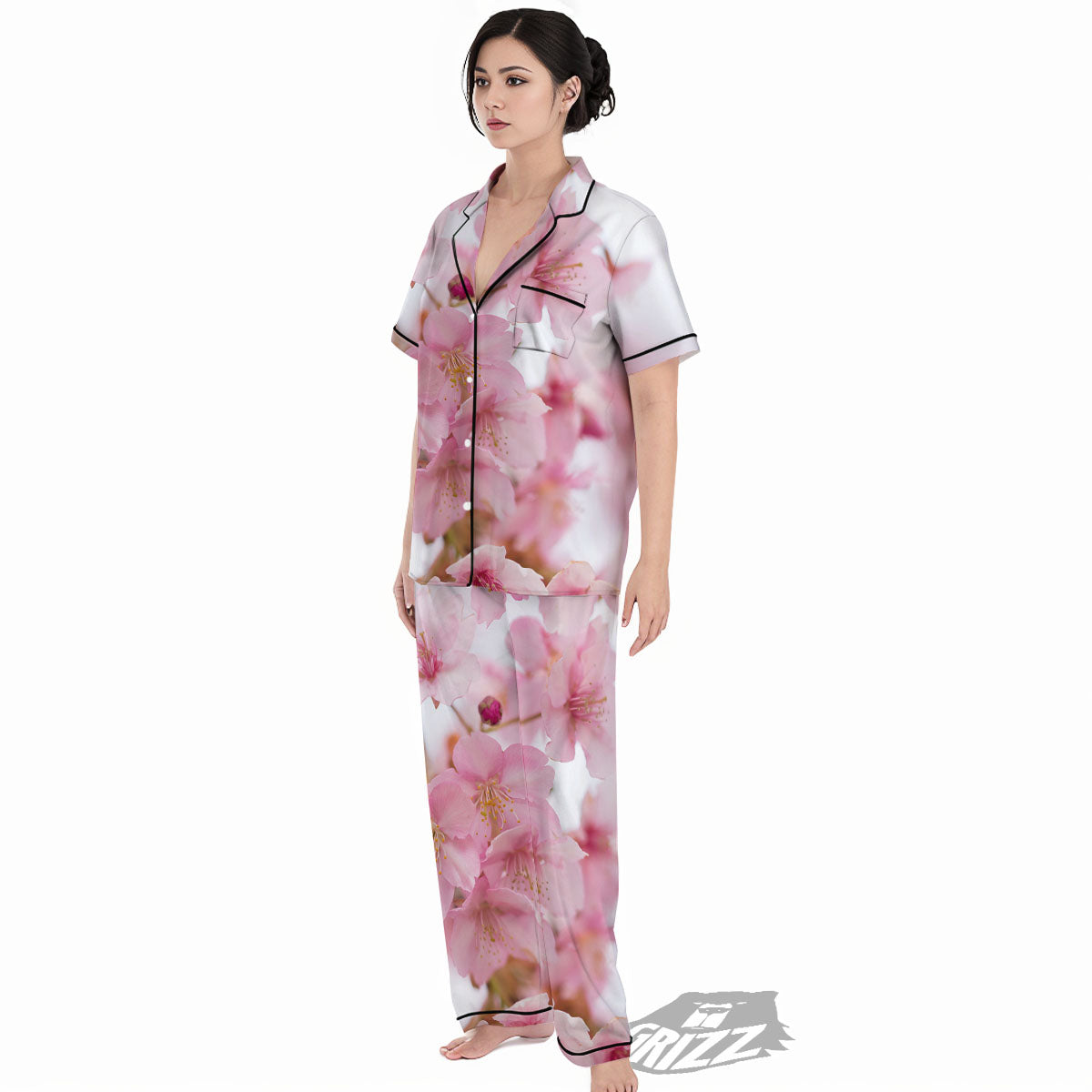 Cherry Blossom Pink Print Women's Pajamas Set-grizzshop