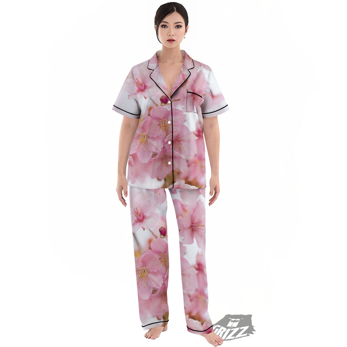 Cherry Blossom Pink Print Women's Pajamas Set-grizzshop