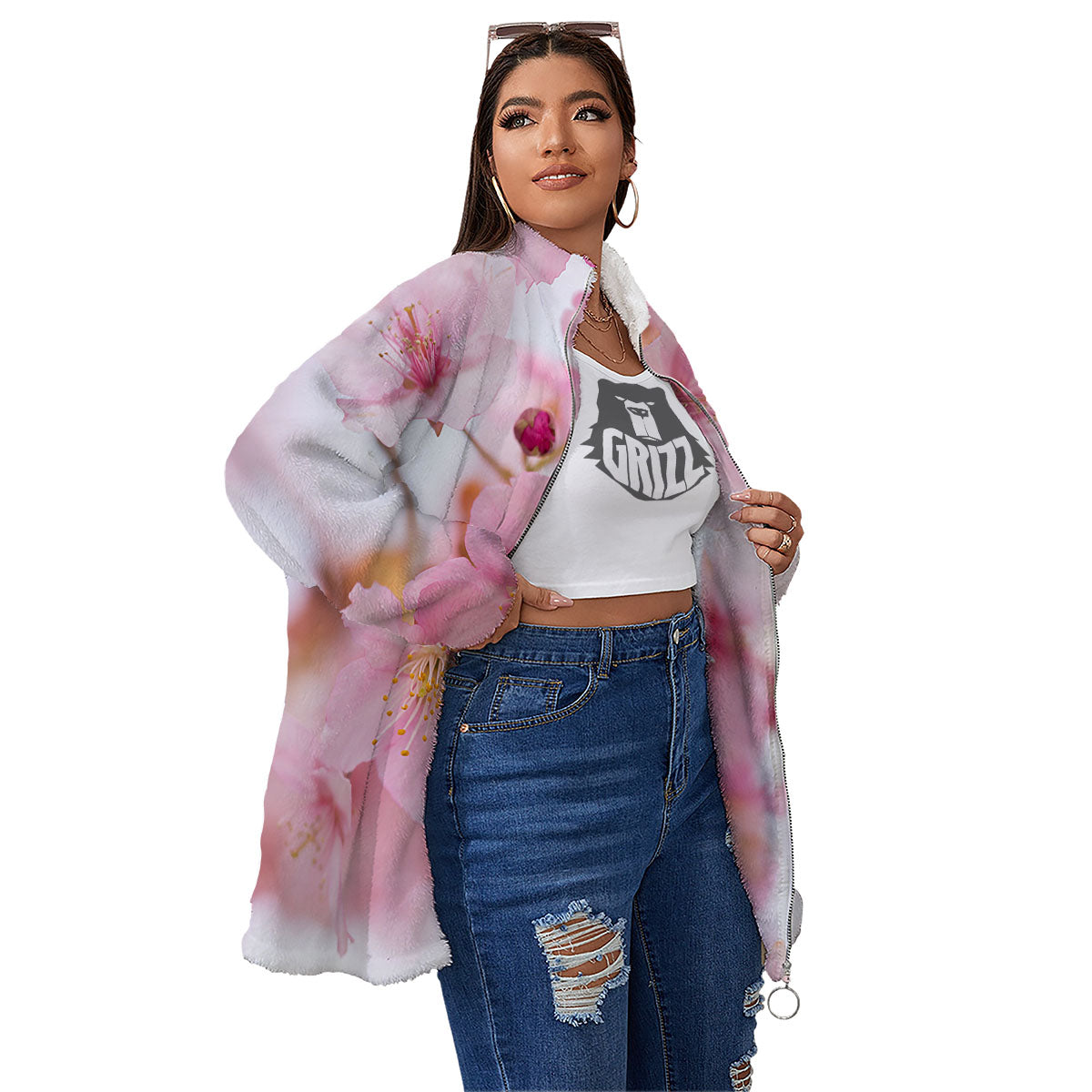 Cherry Blossom Pink Print Women's Sherpa Jacket-grizzshop