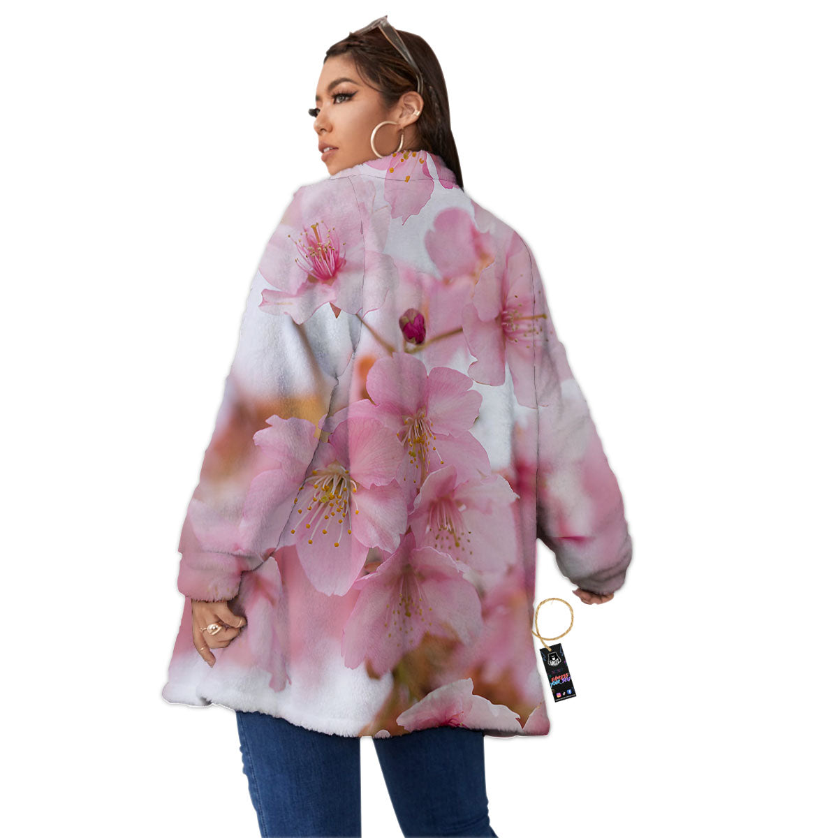 Cherry Blossom Pink Print Women's Sherpa Jacket-grizzshop