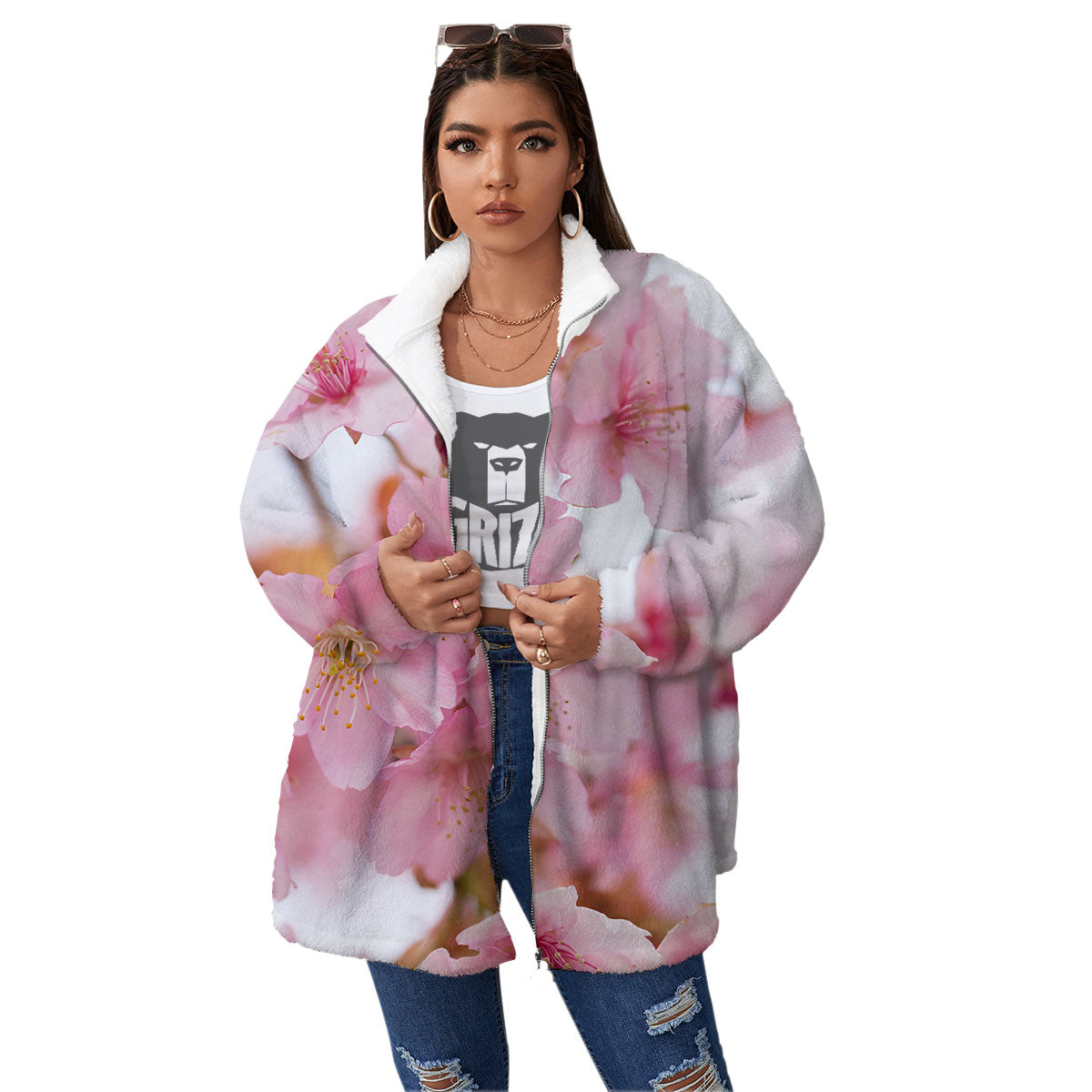 Cherry Blossom Pink Print Women's Sherpa Jacket-grizzshop