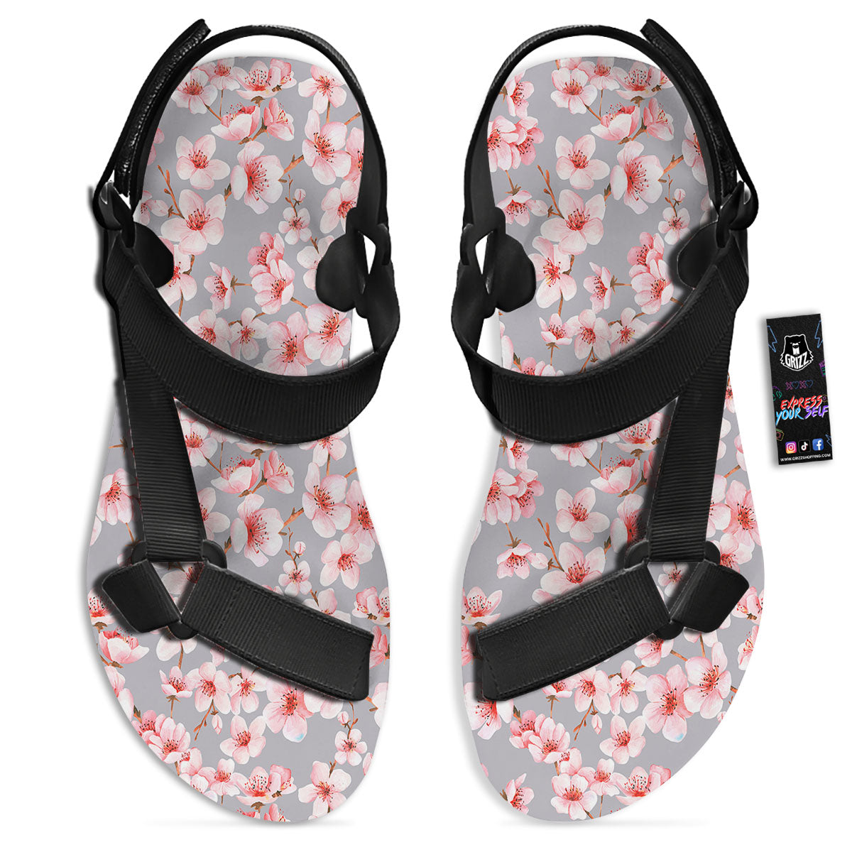 Cherry Blossom Pink Sakura Print Pattern Black Open Toe Sandals-grizzshop
