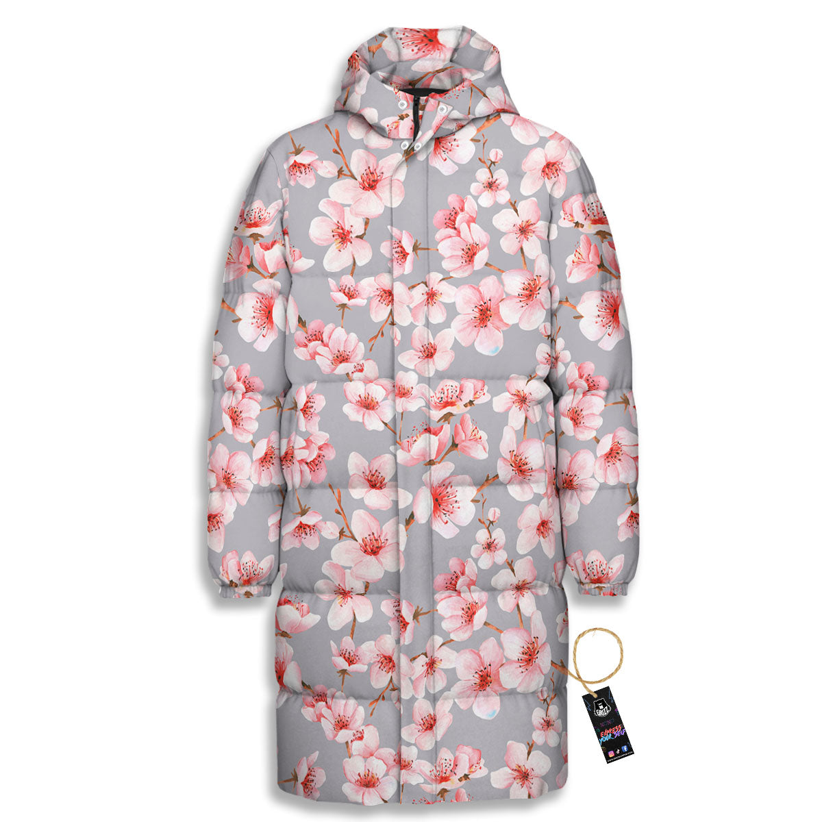 Cherry Blossom Pink Sakura Print Pattern Long Down Jacket-grizzshop