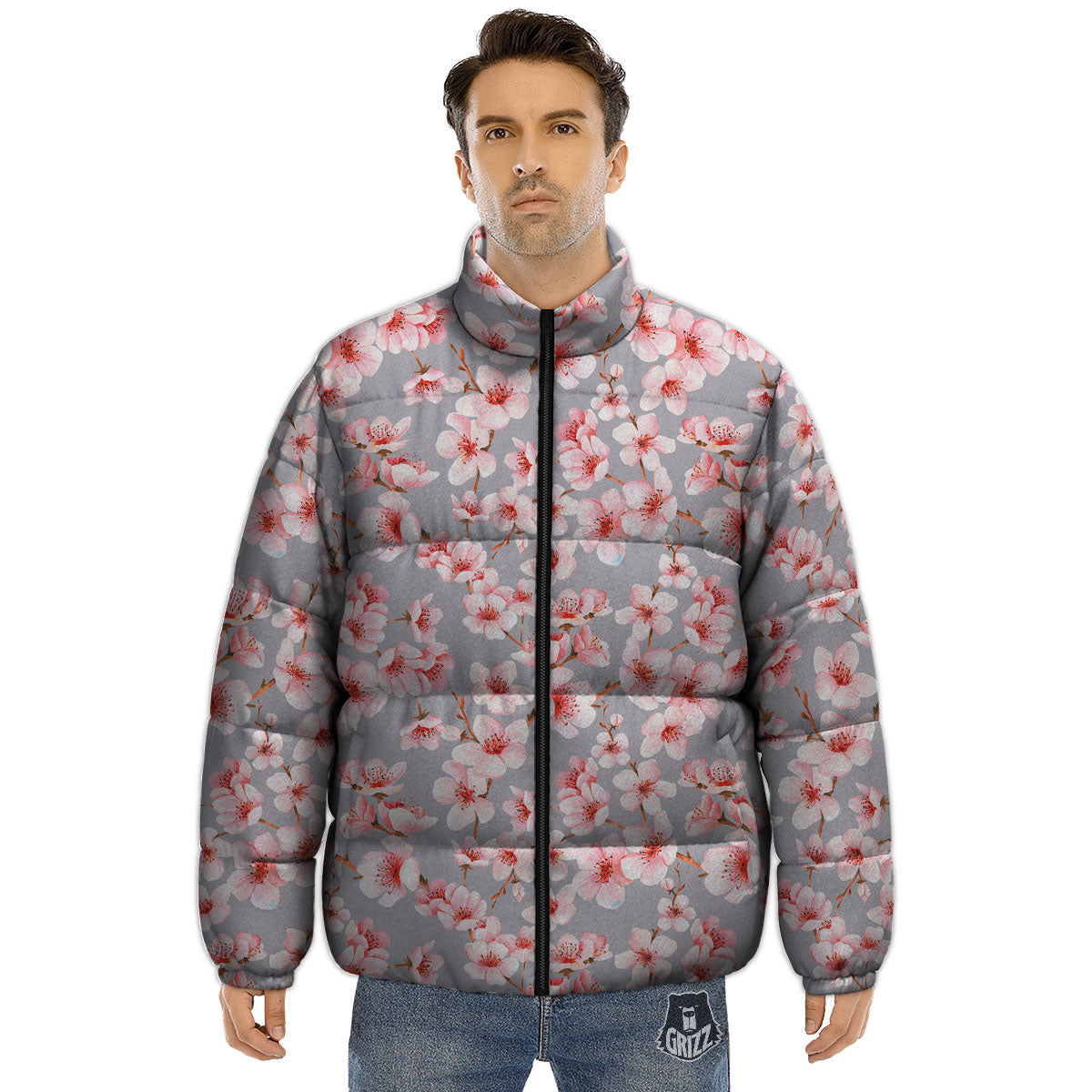 Cherry Blossom Pink Sakura Print Pattern Puffer Jacket-grizzshop