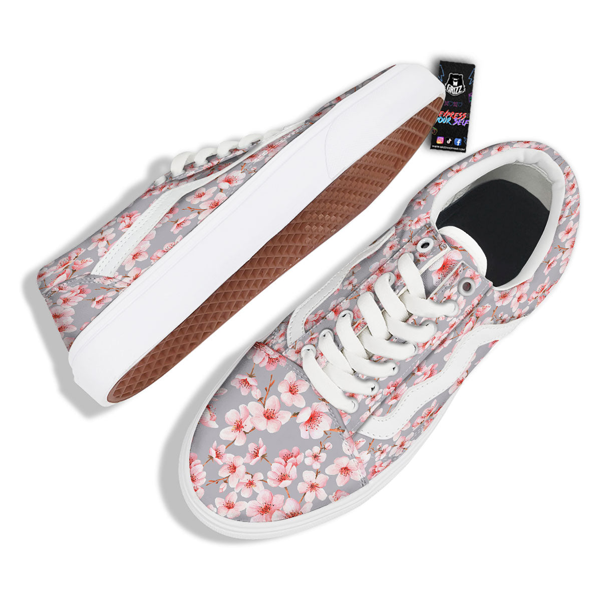Cherry Blossom Pink Sakura Print Pattern Skate Shoes-grizzshop