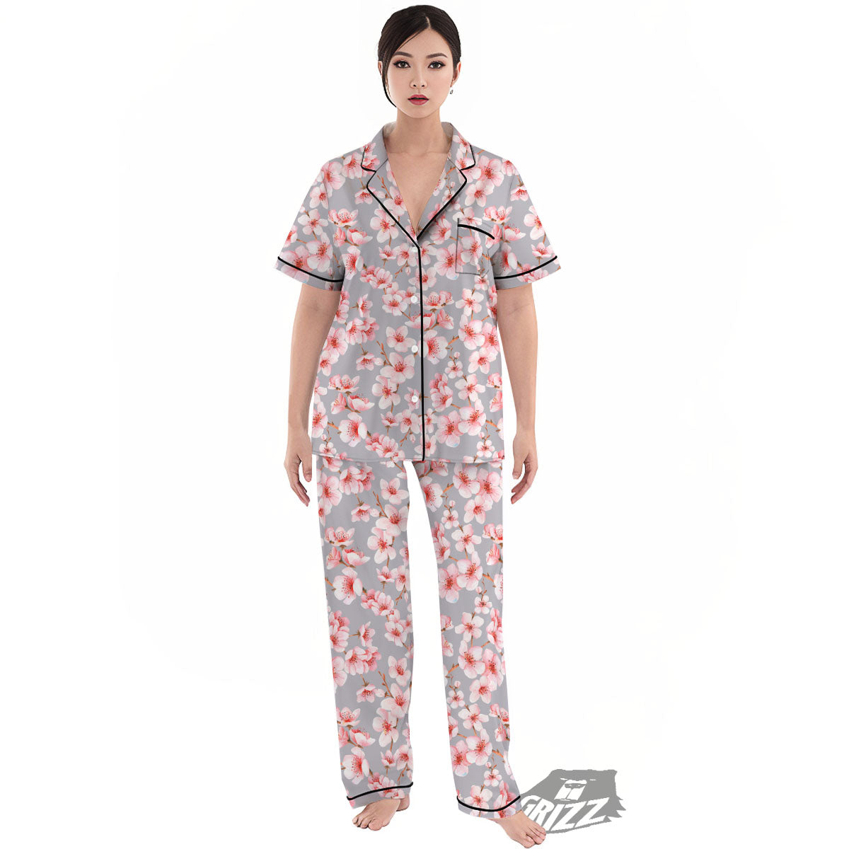 Cherry Blossom Pink Sakura Print Pattern Women's Pajamas Set-grizzshop
